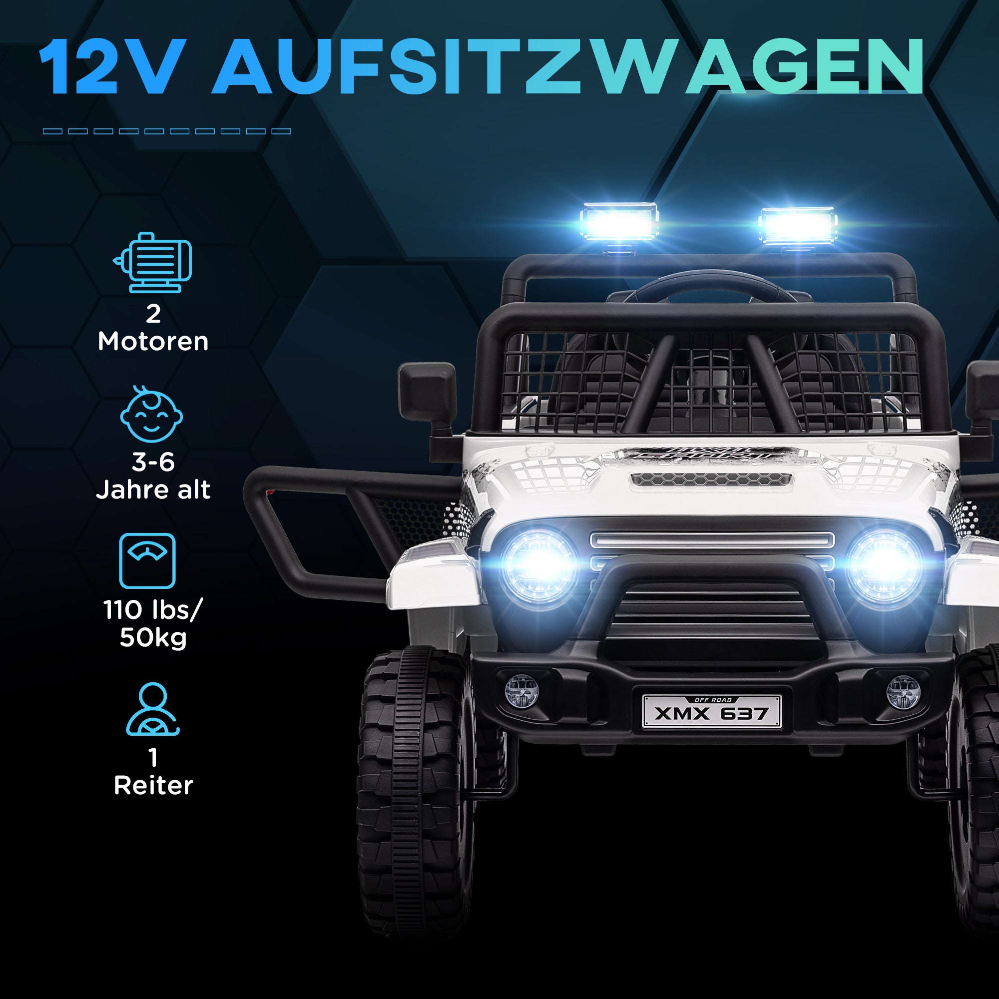 AIYAPLAY Kinder-Elektroauto mit sanfter Federung, fernsteuerbar, LED-Lichter, Hupe, 12V-Motoren, aus Kunststoff und Metall, Weiß