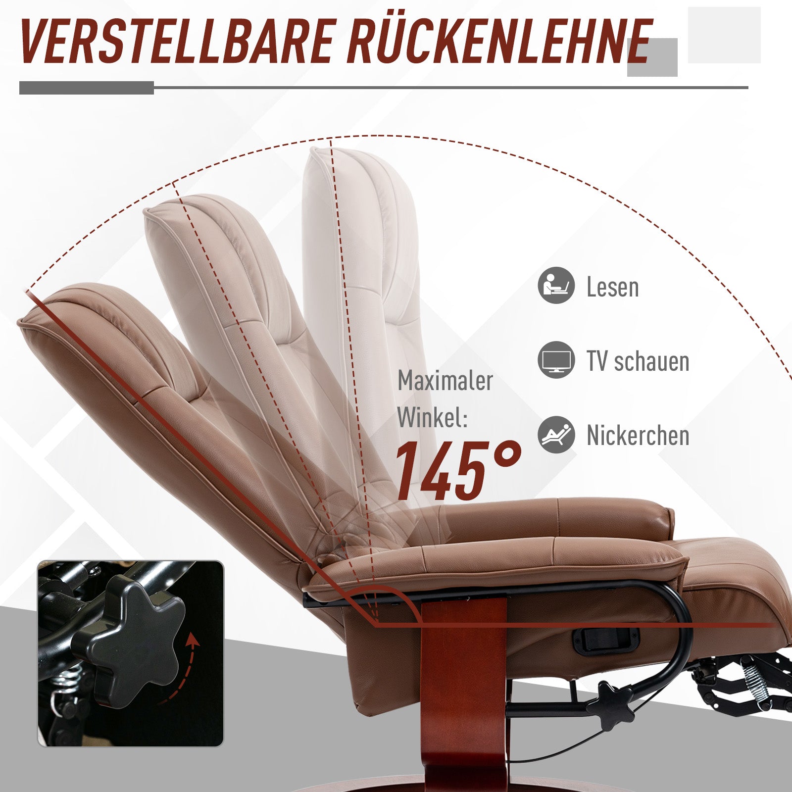 HOMCOM Relaxsessel, 145° neigbar, verstellbare Fußstütze, Kunstleder, 360° drehbar, bis 120 kg, Braun