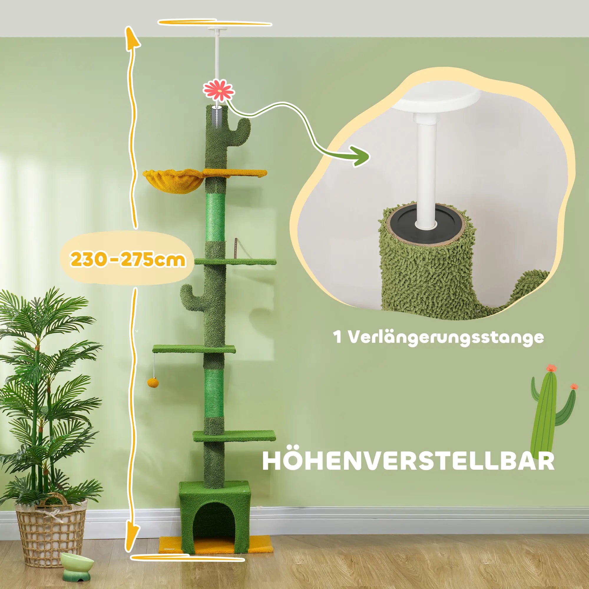 PawHut Höhenverstellbarer Kratzbaum 230-275 cm, platzsparend, Spielzentrum mit Hängematte, Grün