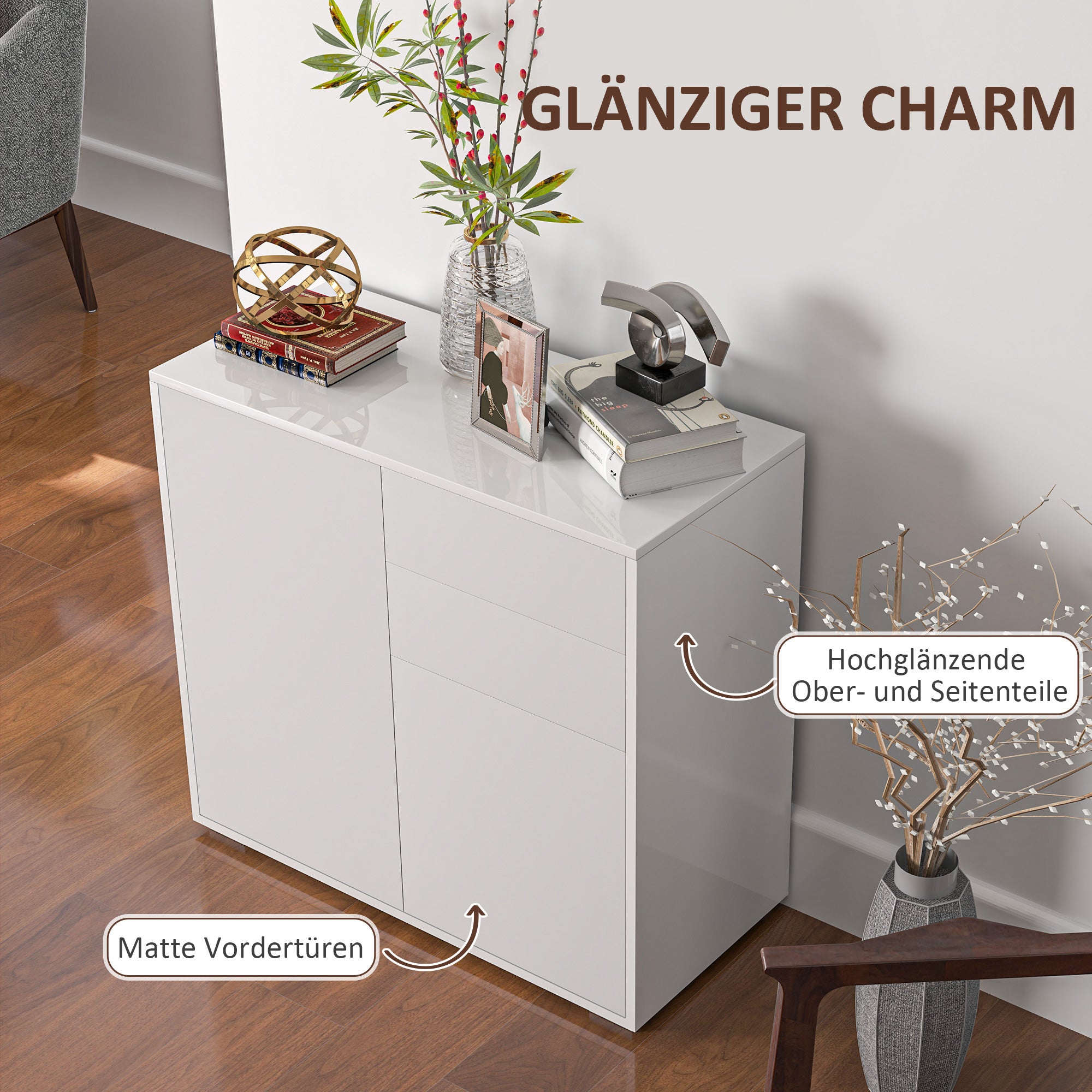 HOMCOM Aufbewahrungsschrank mit 2 Schubladen, 2 Türen, mit Kippschutz, für Wohnzimmer, Schlafzimmer, 79 x 36 x 74 cm, Weiß