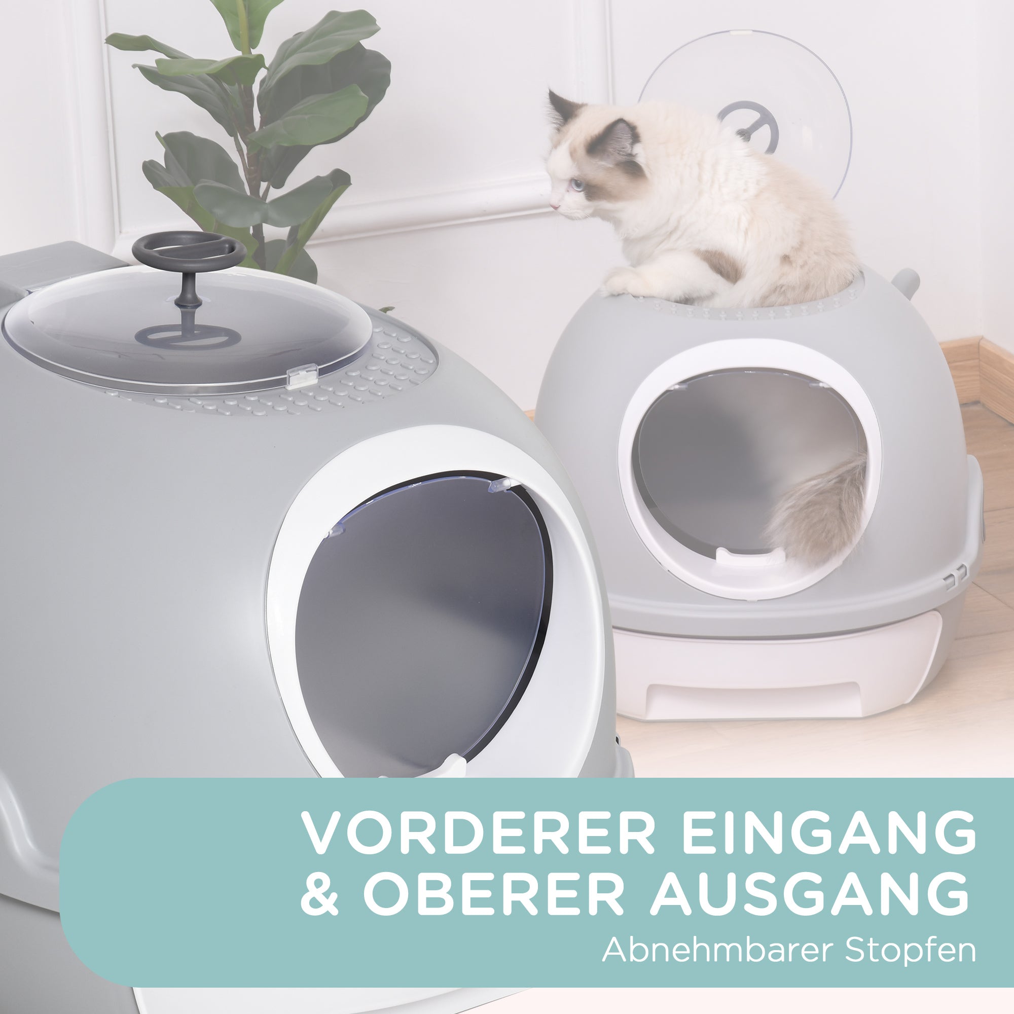 PawHut Katzentoilette mit Dachfenster, Katzenklo mit Bodenschale, mit Schaufel, Tragbar, PP ABS, Grau, 47 x 55 x 44 cm