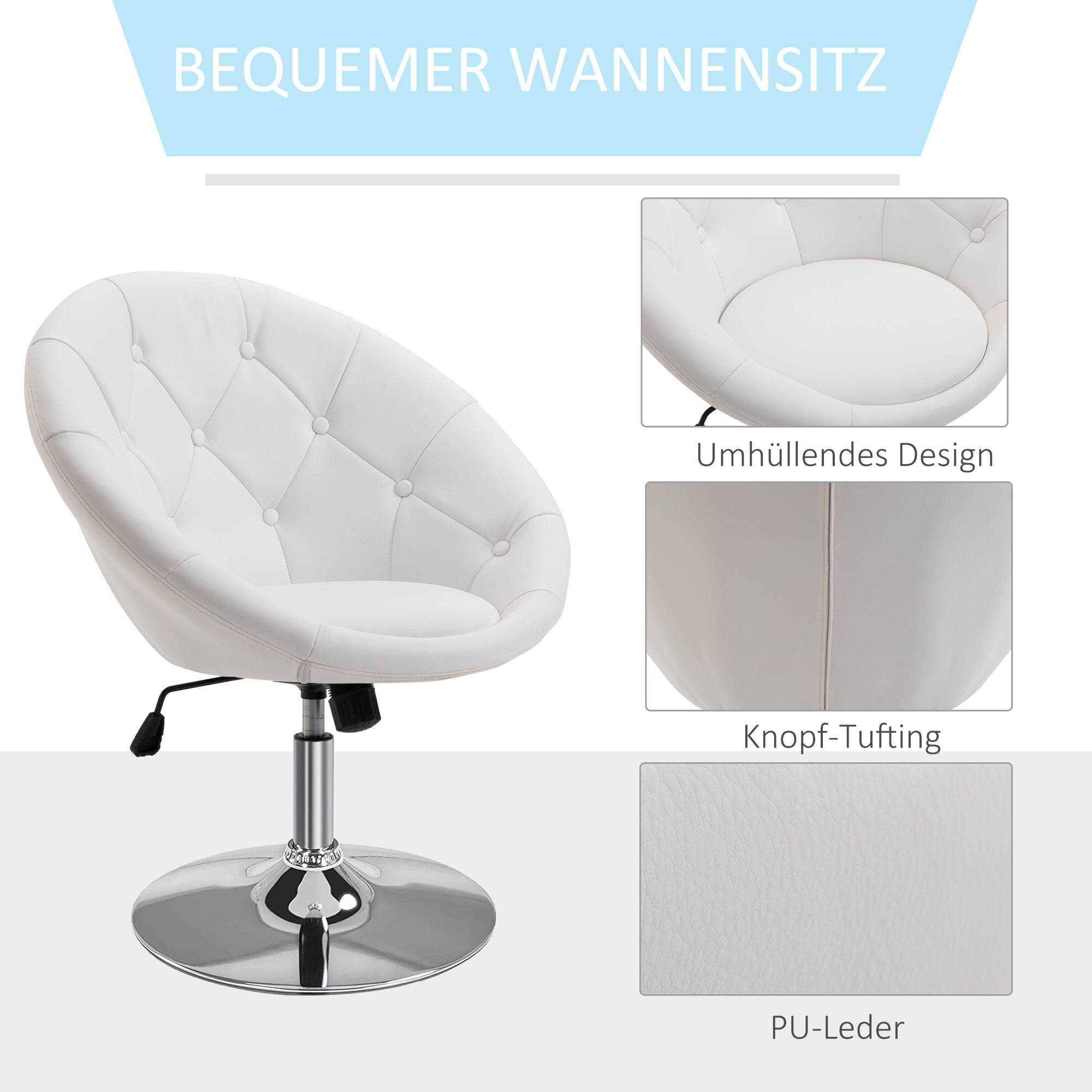 HOMCOM Arbeitshocker Drehhocker Drehstuhl Bürostuhl verchromt höhenverstellbar, Kunstleder+Stahl, Schwarz/Weiß, 71x59x78-90cm (Weiß)