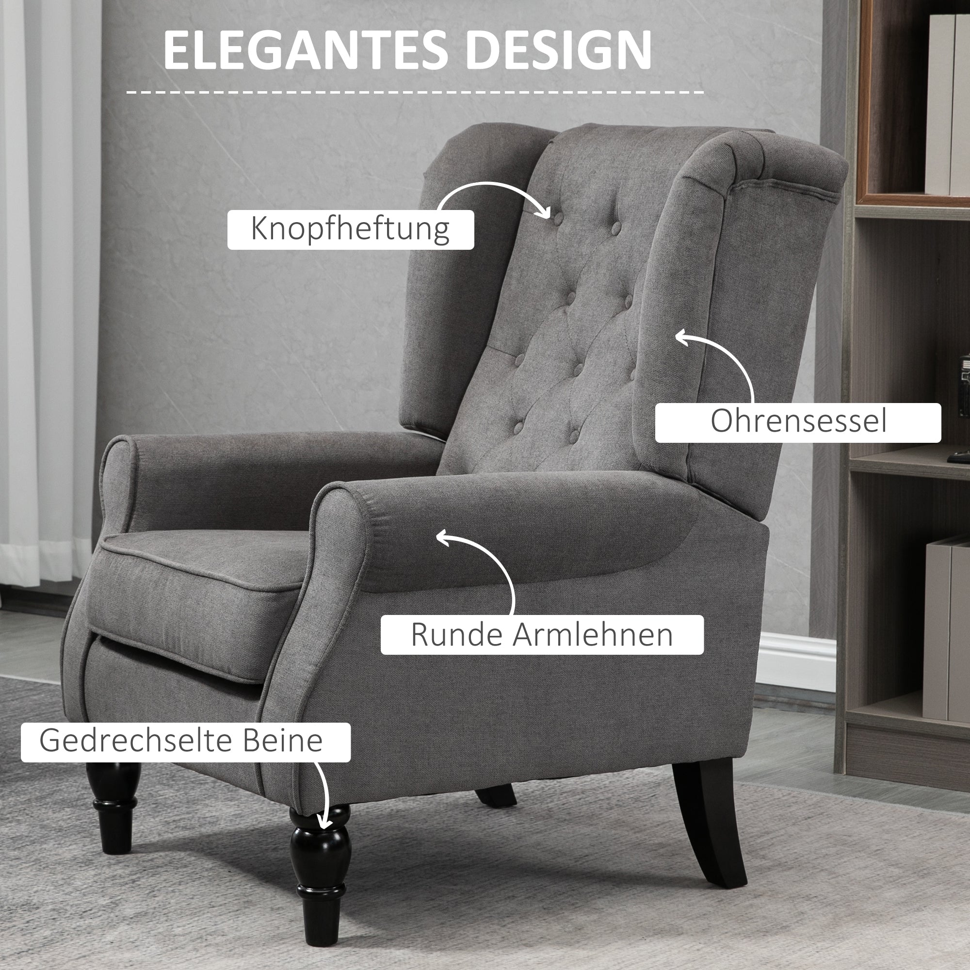 HOMCOM Ohrensessel im Vintage-Design, Lesesessel, Akzentsessel, Holzbeine, Knopfheftung, Grau + Schwarz