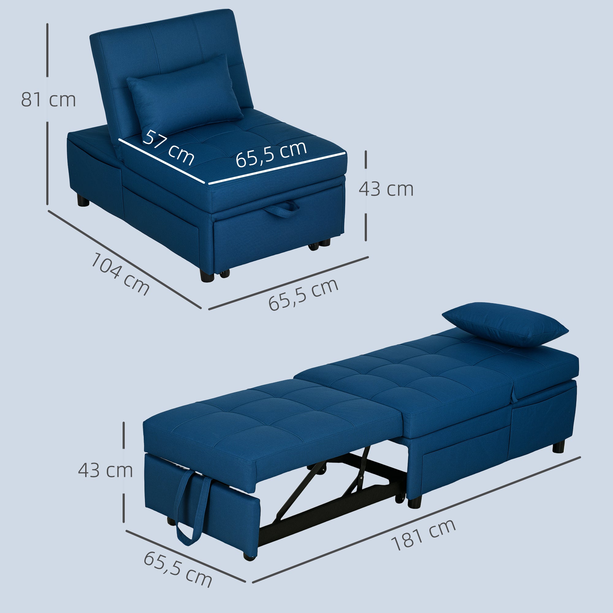 HOMCOM 3-in-1 Klappsessel mit Seitentasche, Gästebett mit Kissen, Verstellbarer Rückenlehne, Bettsessel mit Rollen, Blau