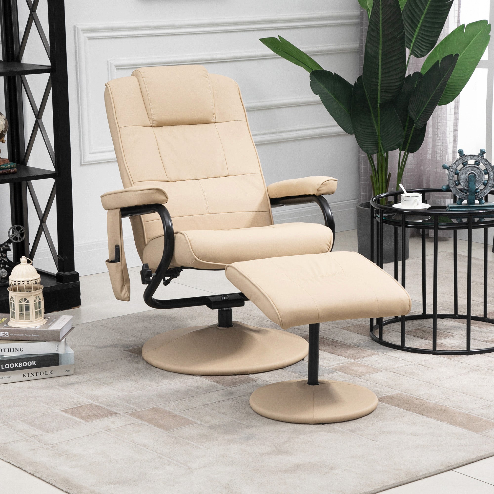 HOMCOM Massagesessel mit Hocker, Drehbares Relaxsessel mit Massagefunktion, Elektrisches Fernsehsessel mit Liegefunktion, Fernbedienung für Wohnzimmer, Kunstleder, Creme