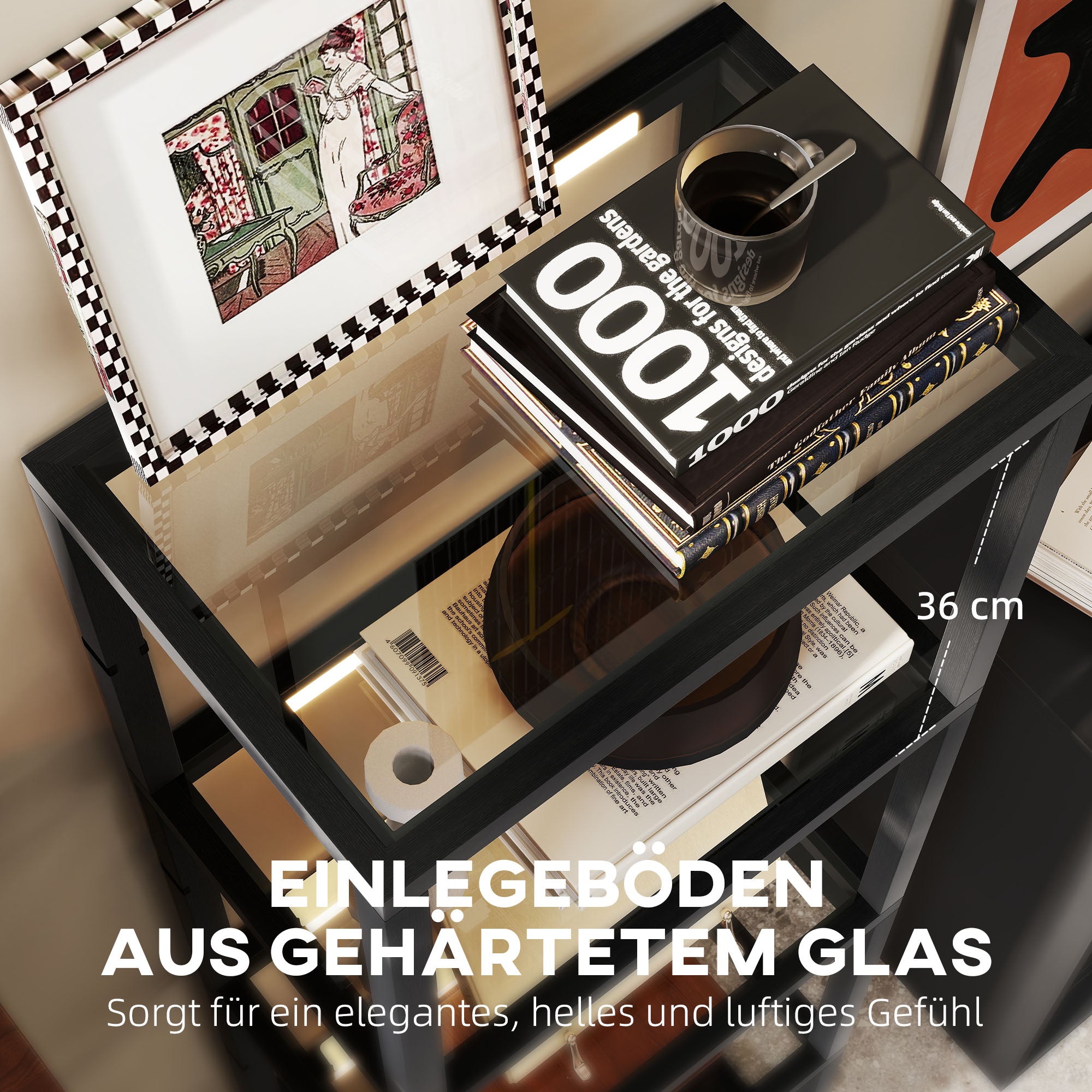 HOMCOM LED-Stehlampe mit 4-stufigem Regal, Leuchtregal mit 4 Glasfächern, Fußschalter, MDF, Schwarz