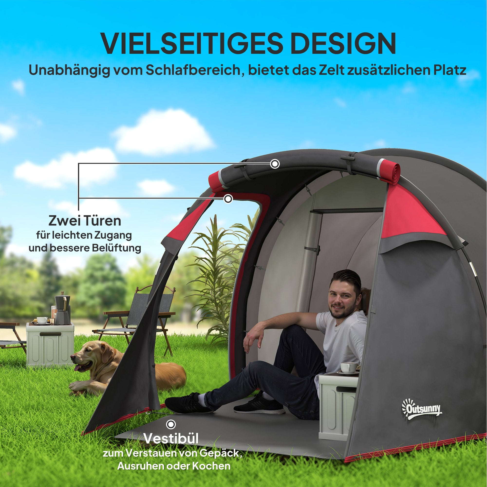 Outsunny Campingzelt, Wurfzelt für 2-3 Personen, Vorraum & Schlafbereich, wasserdicht, 426 x 206 x 154 cm, Grau