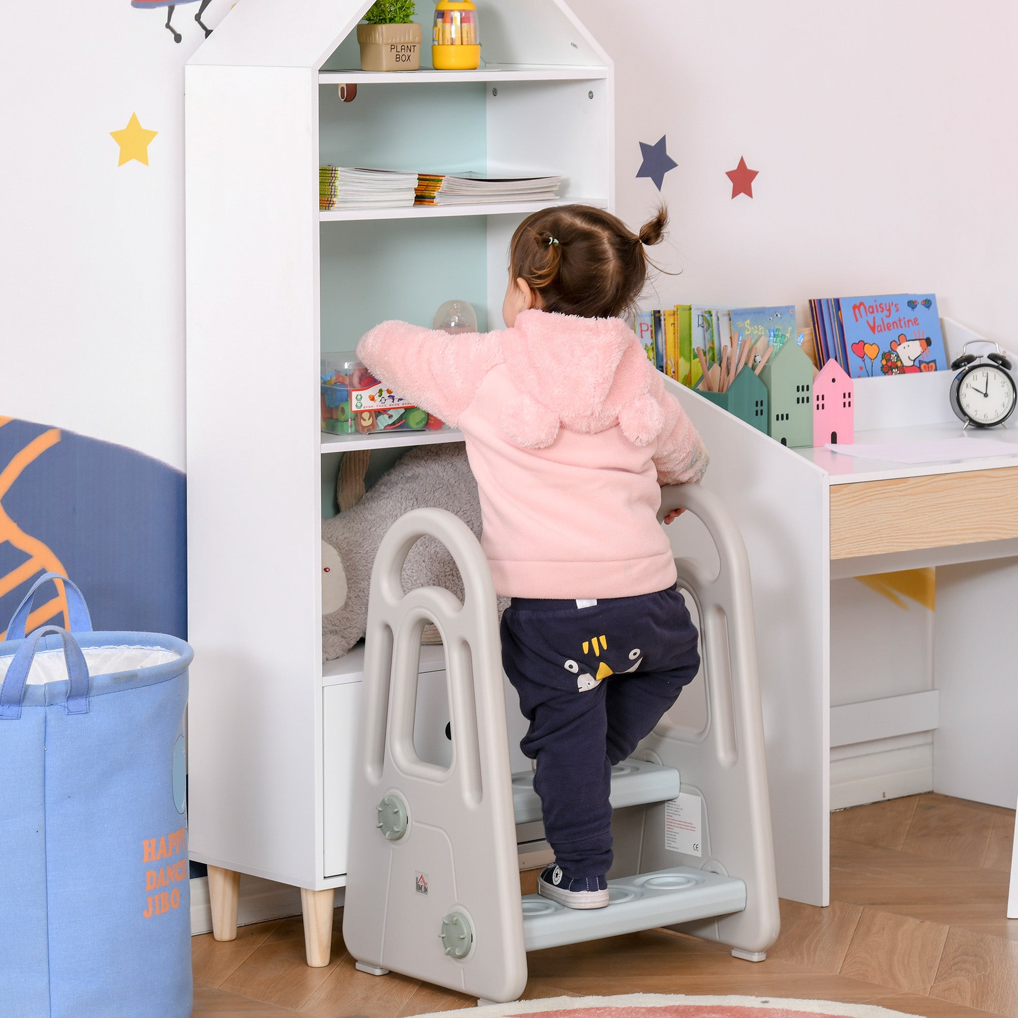 HOMCOM Lernturm Tritthocker Schemel Stehender mit 2 Stufen Pyramiden-Struktur Sicherheit Bad Schlafzimmer Küche Blau+Grau für 2-5 Jahre HDPE PP 43,5 x 38,5 x 61 cm