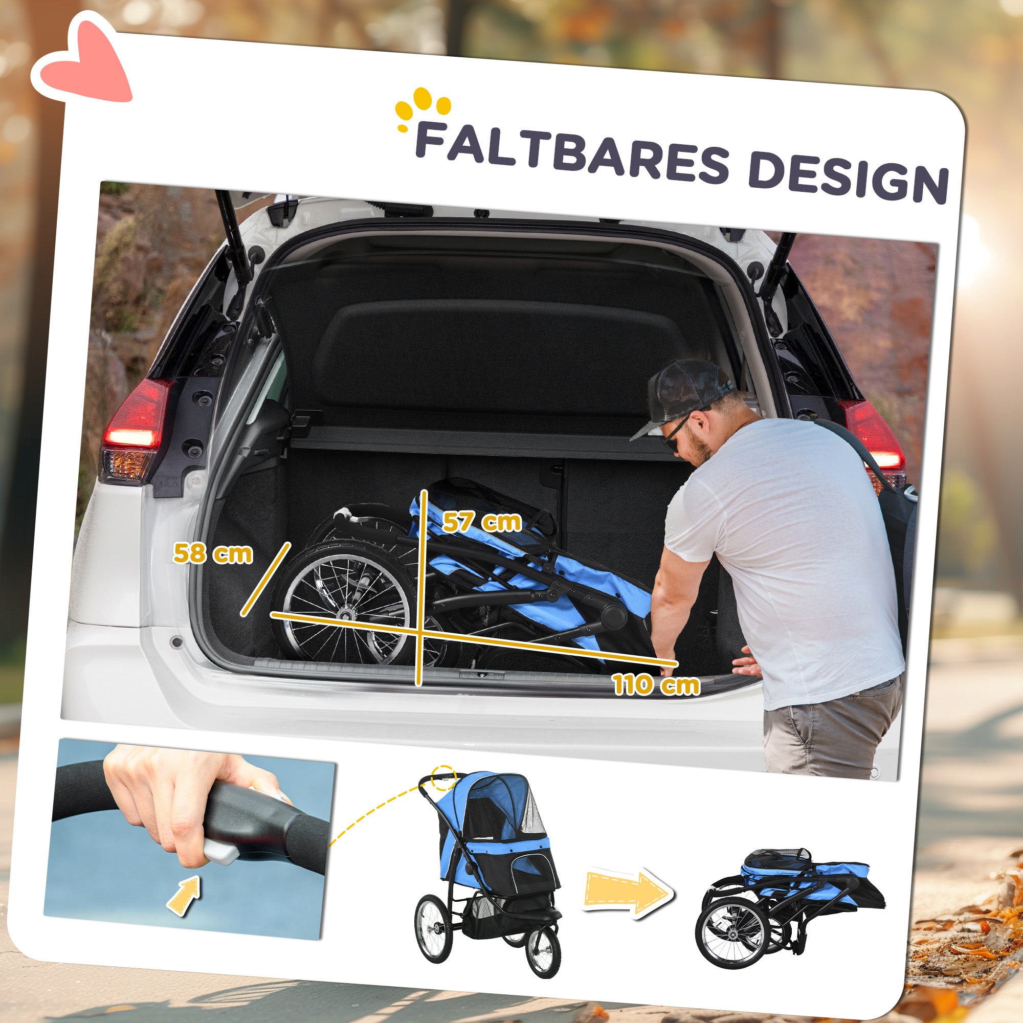 PawHut Hundewagen Hundetrolley mit Jogger-Funktion bis 20 kg Klappbar Netzfenster, Ablagekorb, Blau, 111 x 58 x 107 cm