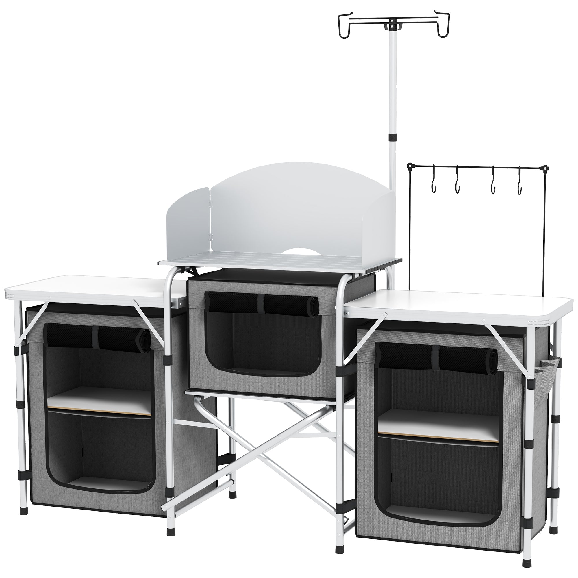 Outsunny Campingküche, klappbar, Windschutz, 3 Stofffächer, Aluminiumrahmen, 172x48x119cm, Grau/Silber