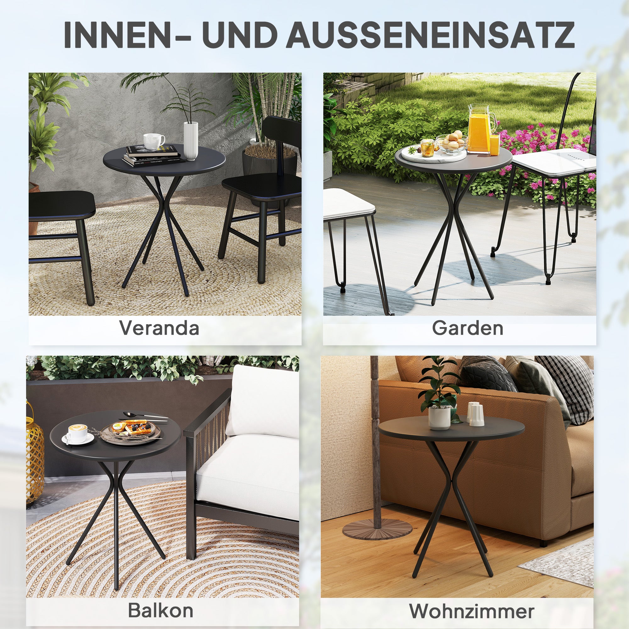 Outsunny Gartentisch Ø60 x 70 cm, Wetterfest Balkontisch aus Stahl, Runder Esstisch mit Fußpolster Schwarz