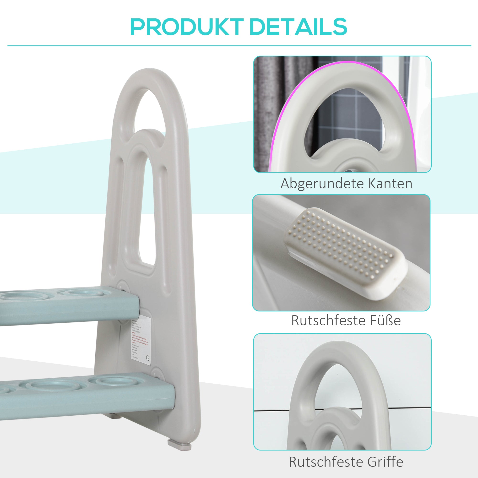 HOMCOM Lernturm Tritthocker Schemel Stehender mit 2 Stufen Pyramiden-Struktur Sicherheit Bad Schlafzimmer Küche Blau+Grau für 2-5 Jahre HDPE PP 43,5 x 38,5 x 61 cm