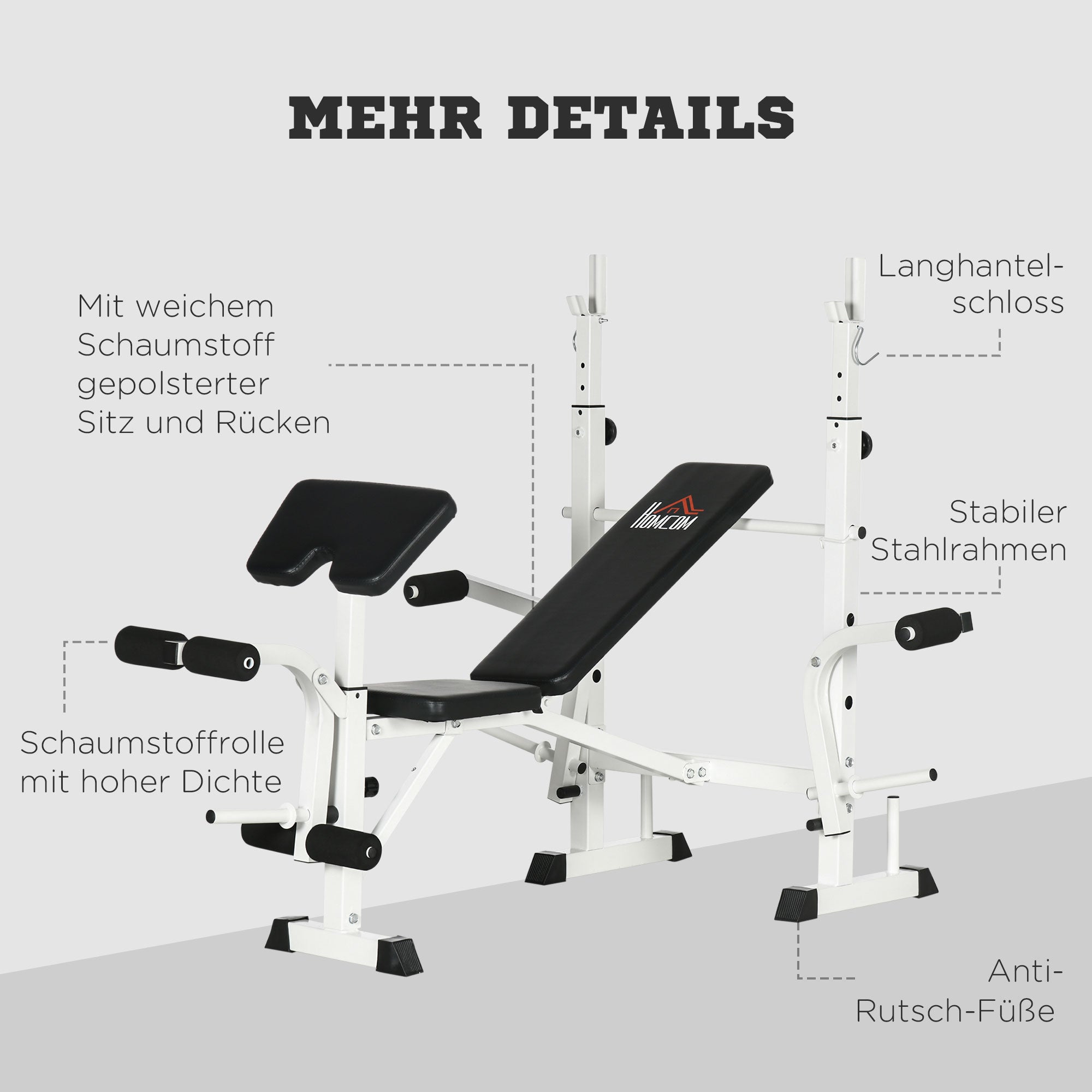HOMCOM Hantelbank mit Hantelablage, Brustpresse, Beinpresse, Armauflage für Bizepscurls, Stahl, schwarz+weiß