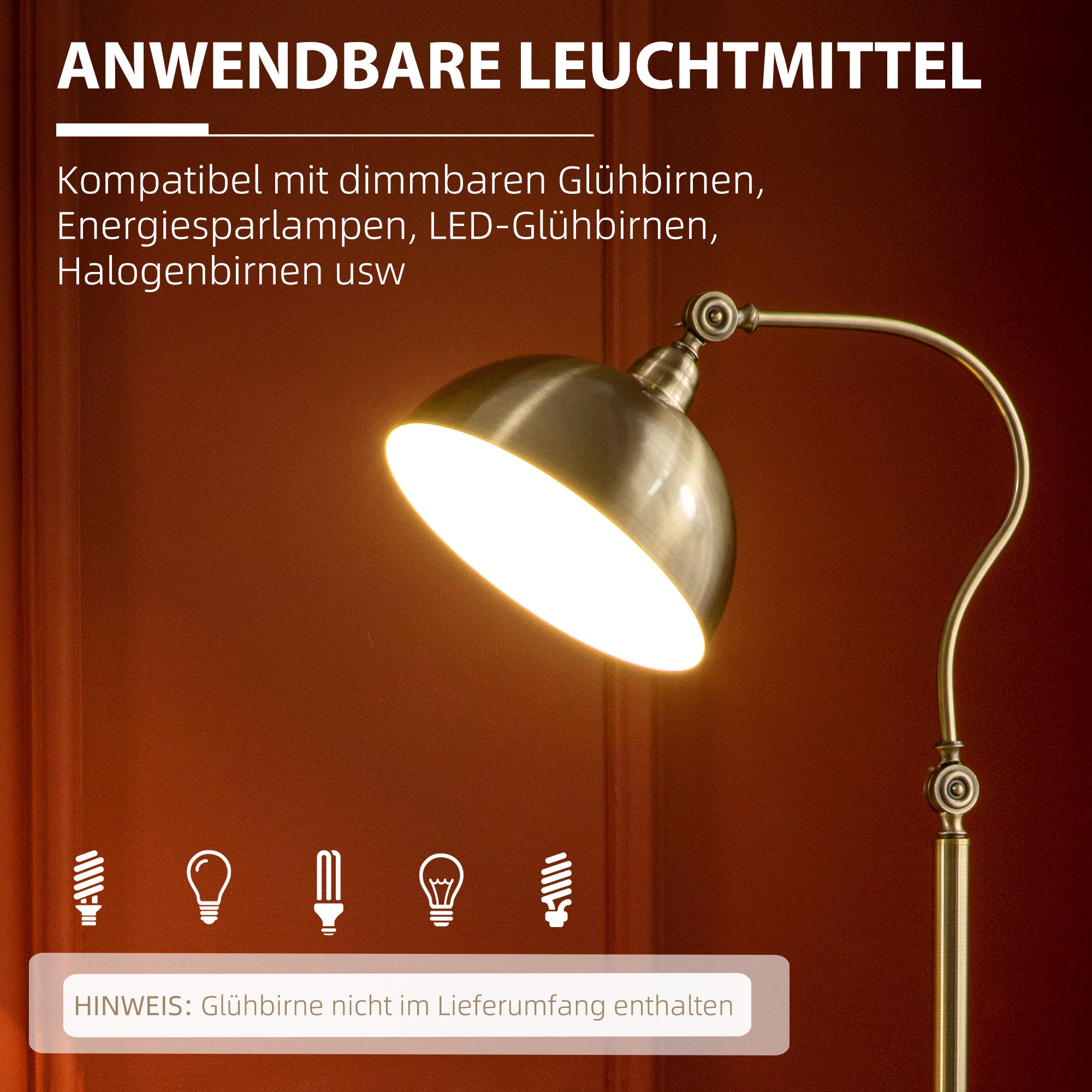 HOMCOM Stehleuchte im Vintage-Design, verstellbarer Winkel, Messing-Look, 42 cm x 25,5 cm x 152 cm, Bronze