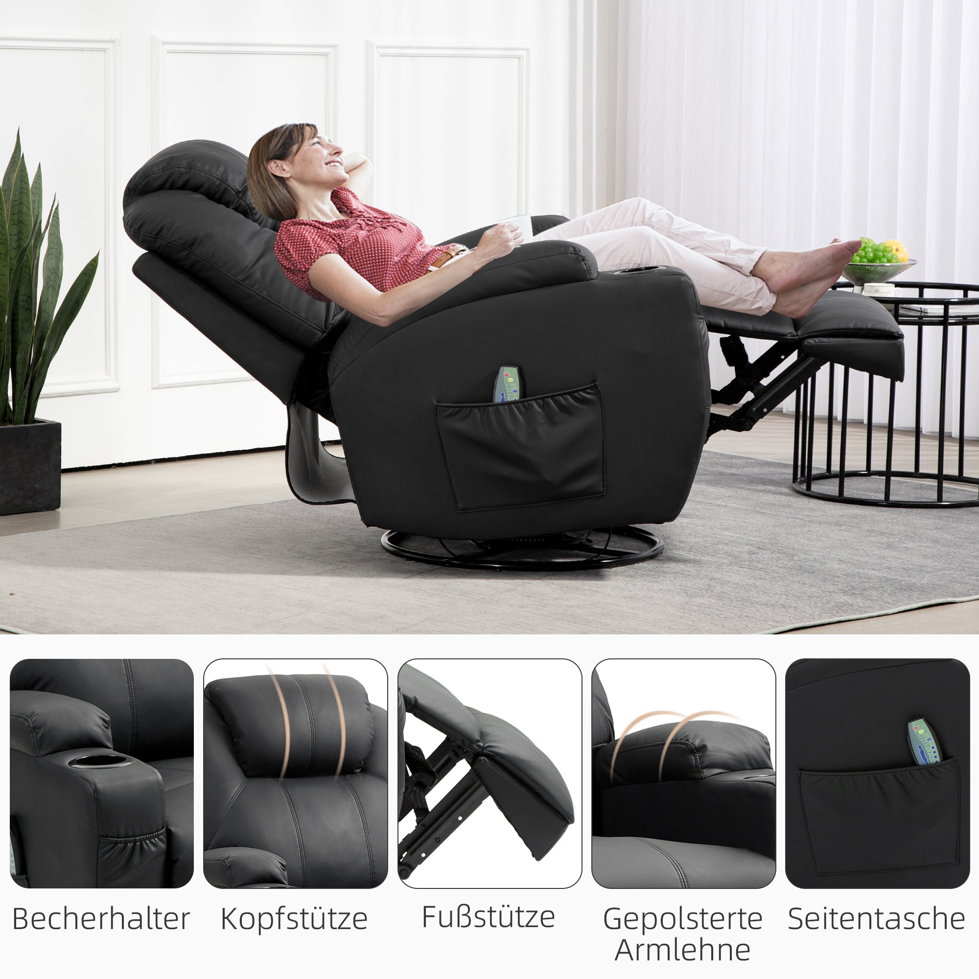 HOMCOM Relaxsessel mit Massagefunktion, neigbare Lehne, drehbar, bis 150 kg, Kunstleder, Schwarz