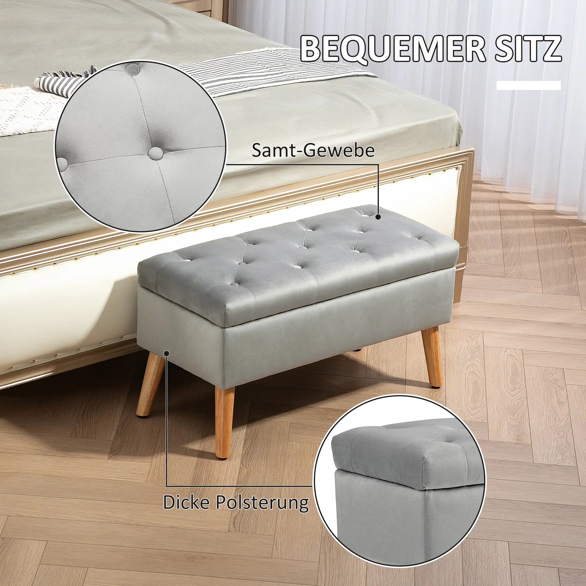 HOMCOM Polsterbank mit Stauraum, Stoffbezug in Samtoptik, Holzbeine, für Wohnzimmer, Schlafzimmer, Flur, 80 x 35 x 40 cm, Grau