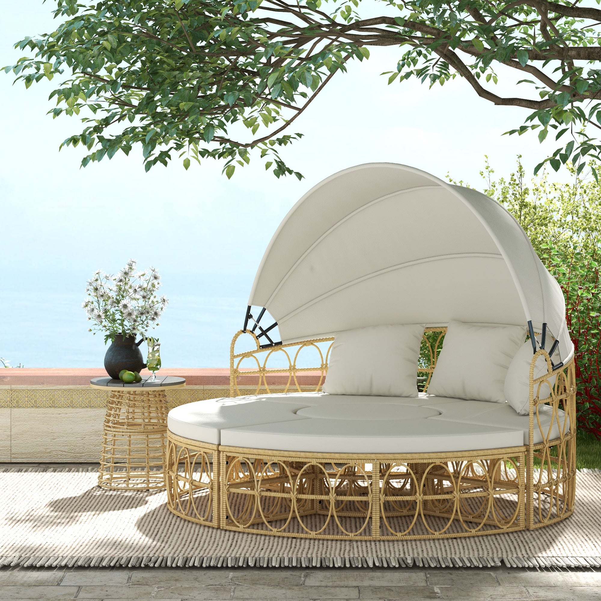 Outsunny Gartenmuschel Sonneninsel Set ausziehbares Dach Outdoor