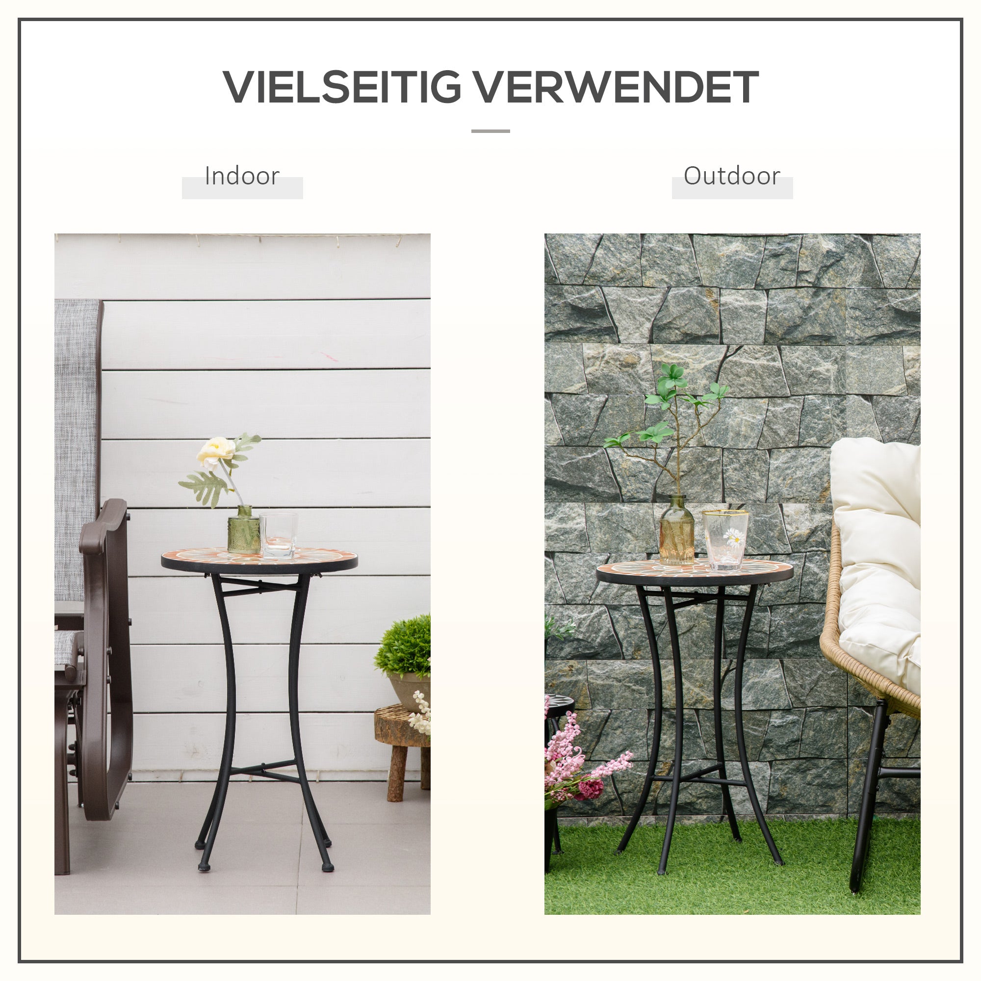Outsunny Beistelltisch Gartentisch Ø35,5cm Rund wetterfest im Mesh-Stil Balkontisch mit Mosaik-Muster Metall Campingtisch Kaffeetisch für Wohnzimmer Büro Outdoor Indoor Gelb+Grau