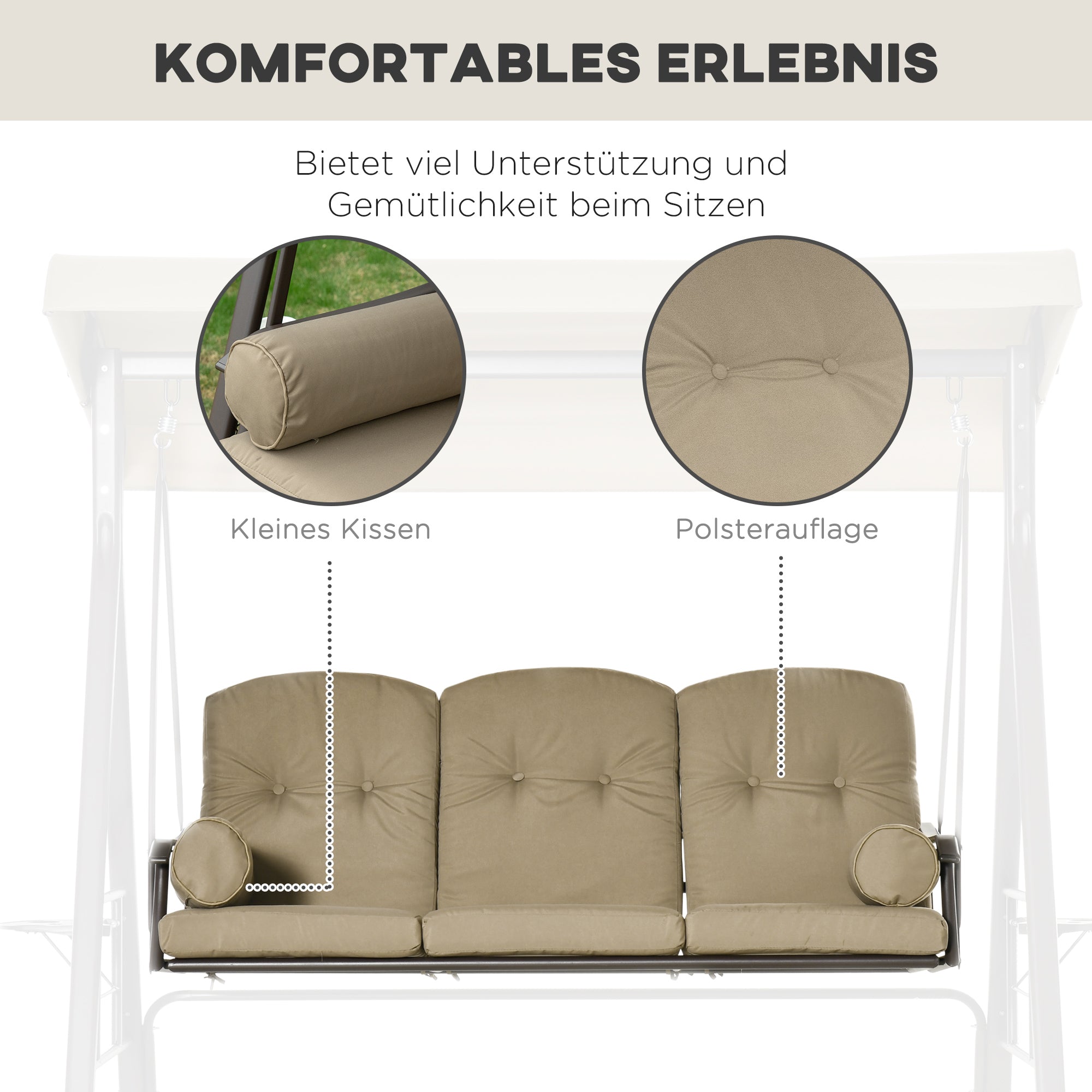 Outsunny 3-Sitzer Hollywoodschaukel Gartenschaukel mit Sonnendach Kissen Metall Polyester Khaki 116 x 206 x 183 cm