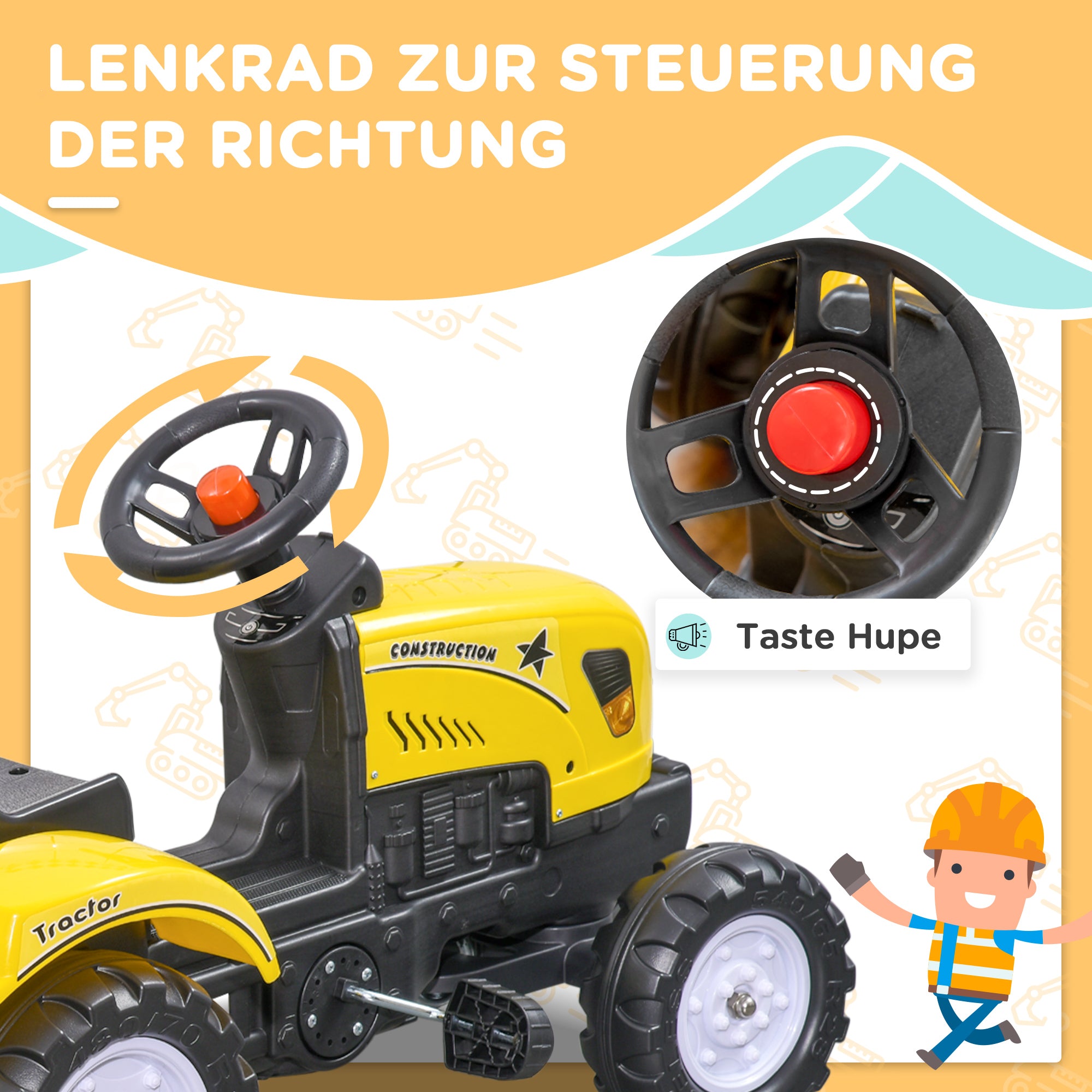 HOMCOM Trettraktor mit Anhänger, Werkzeug, Hupe, für Kinder ab 3 J., Metallrahmen, schwarz-gelb, 133 x 42 x 51 cm