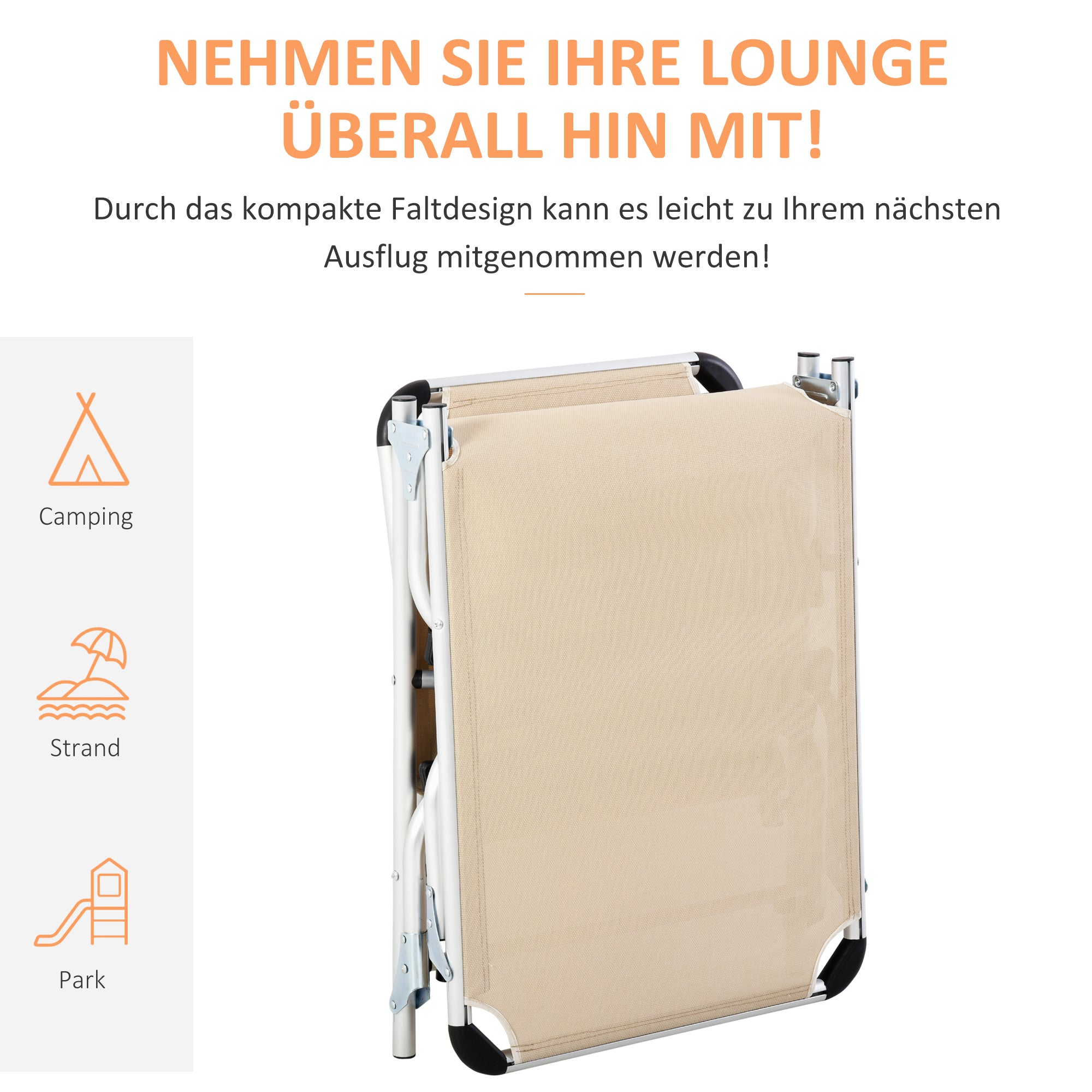 Outsunny Sonnenliege faltbar Gartenliege mit Kopfkissen ergonomisch Relaxliege mit 4-stufig verstellbaren Rückenlehne Alu bis 120 kg belastbar für Garten, Terrasse, Pool, , Strand,Beige