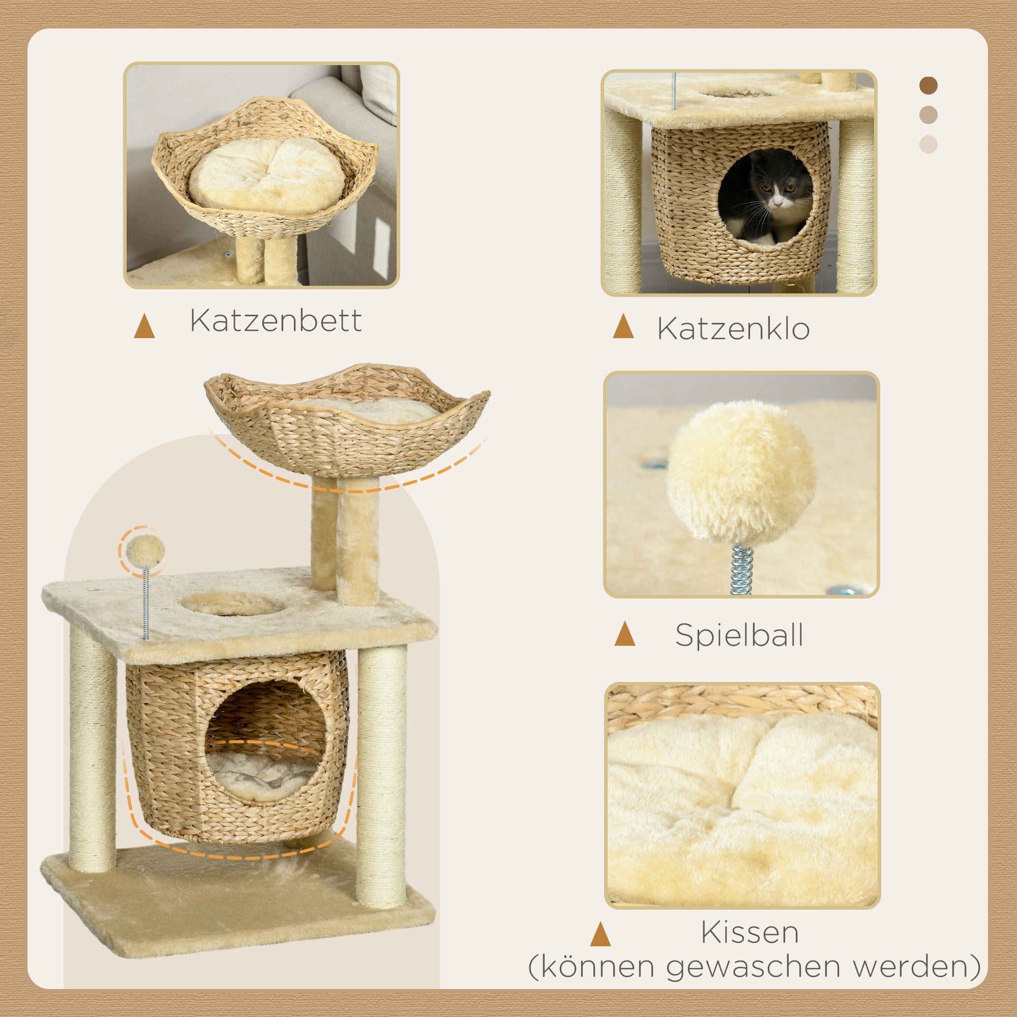 PawHut Kratzbaum mit Katzenhöhle, Liegeplattform, Spielball, 45x40x74cm, Beige