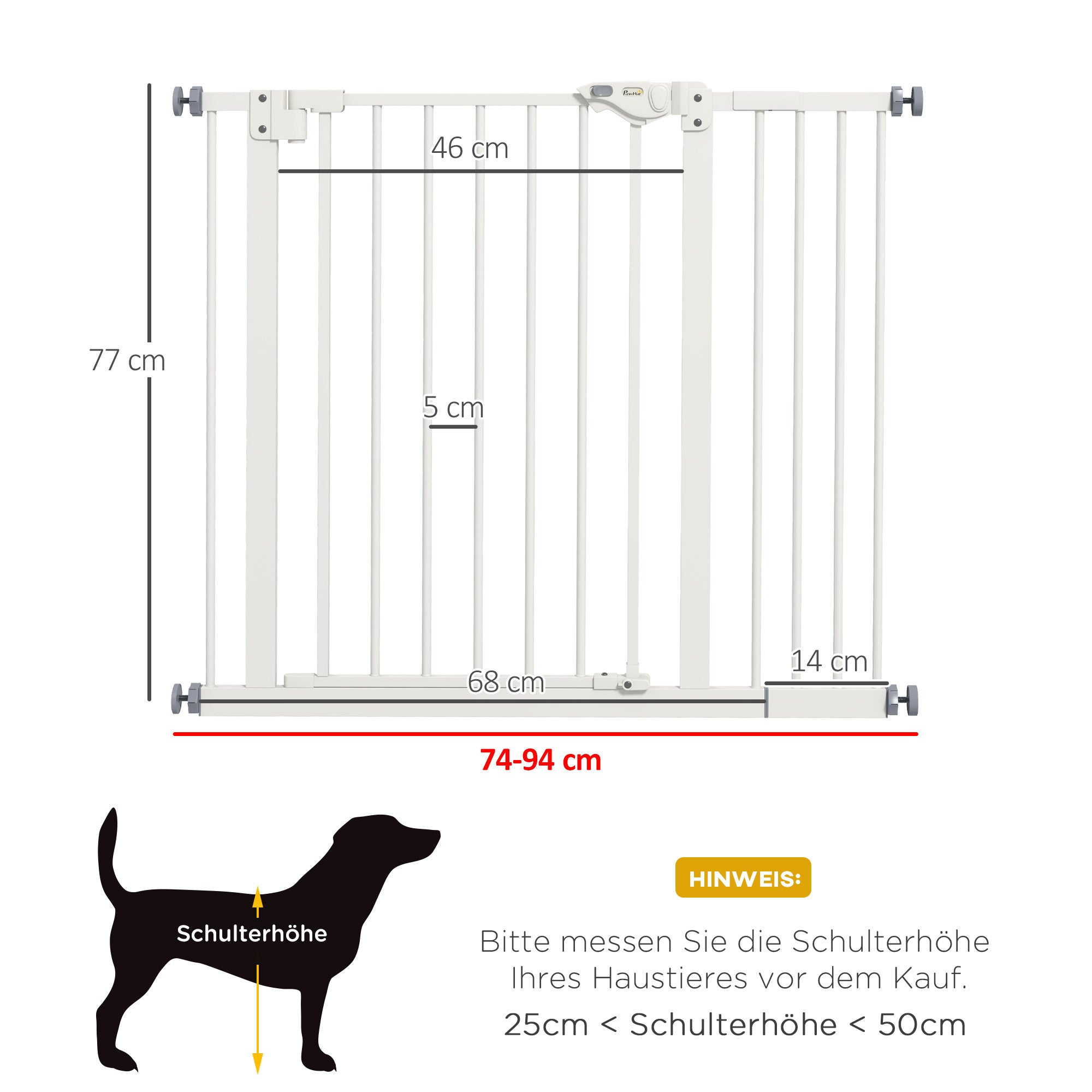 PawHut Türschutzgitter für Hunde, Absperrgitter, Schutzgitter für Haustiere, Metall, Kunststoff, ,74-80/87-94 cm, Weiß