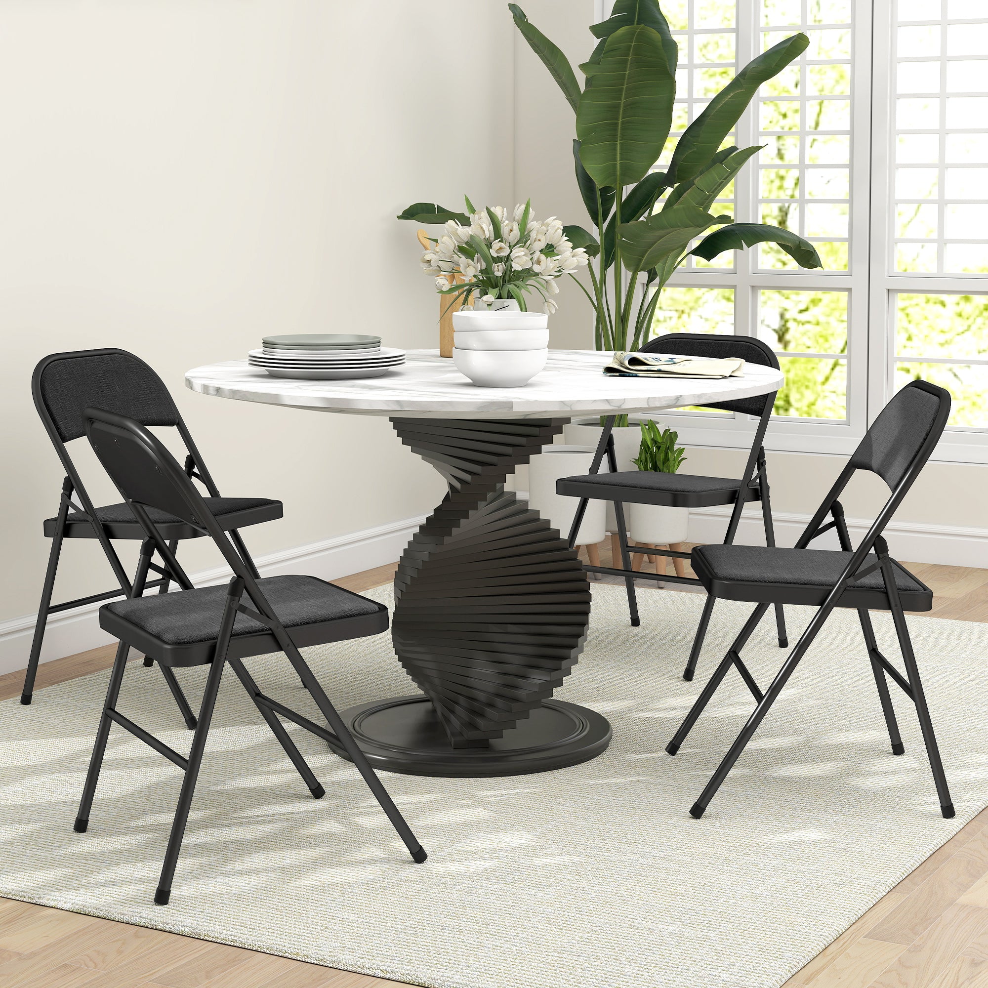 HOMCOM 4er-Set Klappstühle, Tragbare Bürostühle, Metallbeine, Faltstuhl für Büro, Empfang, Wartezimmer, Leinenoptik, Schwarz
