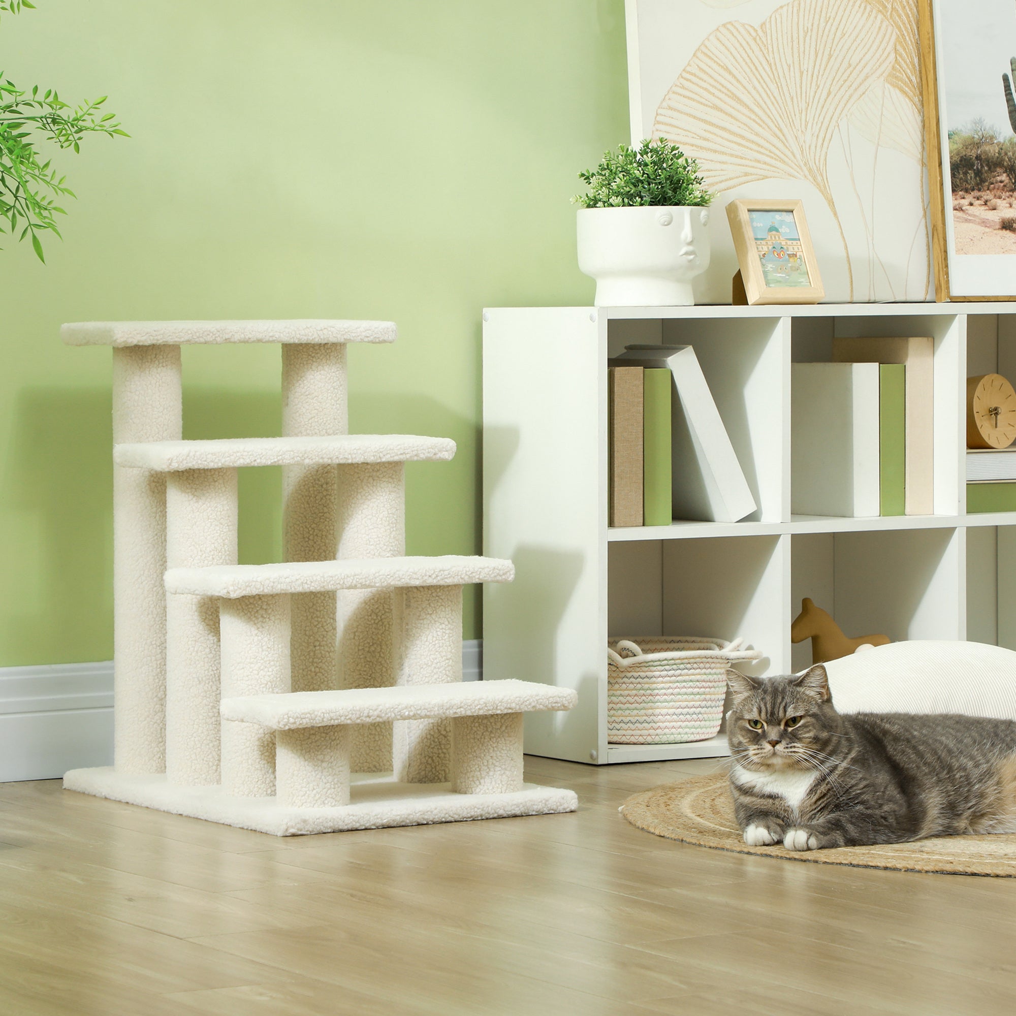 PawHut Tiertreppe Katzentreppe Hundetreppe Treppe für Katze und Hunde 4 Stufen Cremeweiß 63,5x43x60cm