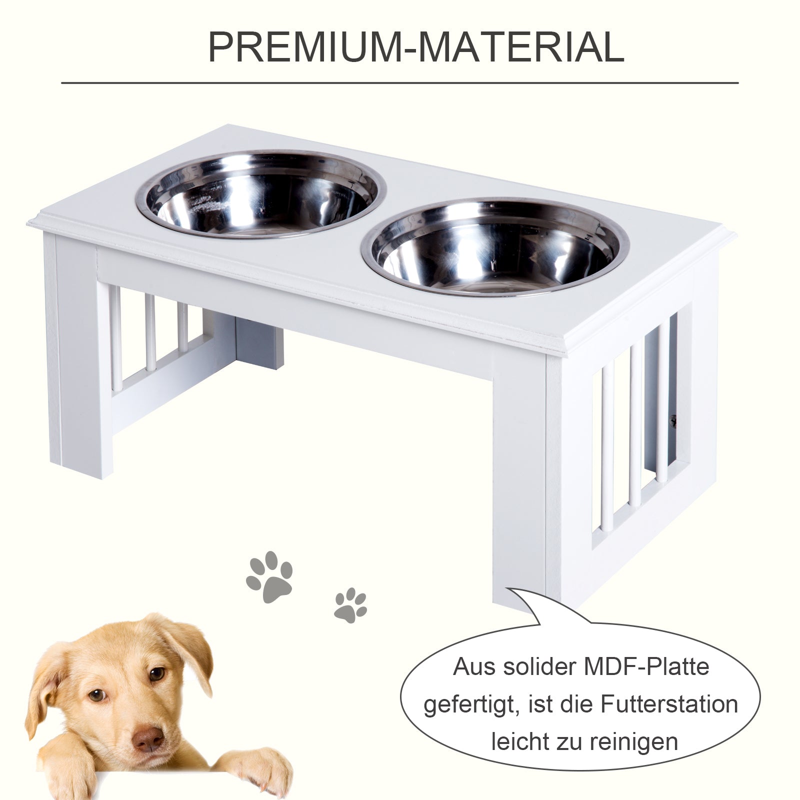 PawHut Hunde-Futterstation, rutschfest, 58,4 x 30,5 x 25,4cm, Weiß, 2L pro Napf