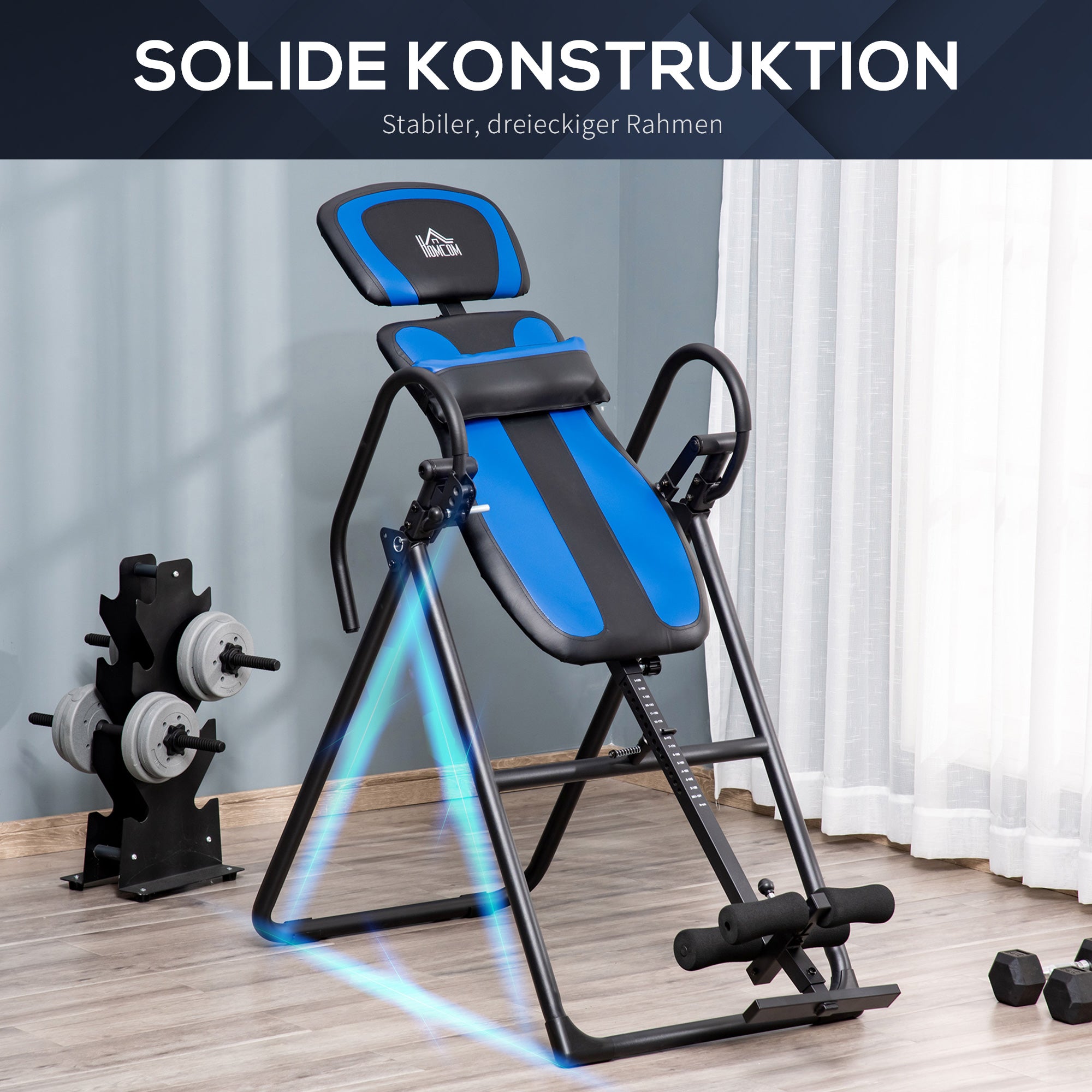 HOMCOM Inversionsbank klappbarer Schwerkrafttrainer mit zwei beweglichen Rädern eingestellt Rückenpolster Metall ABS Schwarz+Blau 132 x 71 x 145 cm