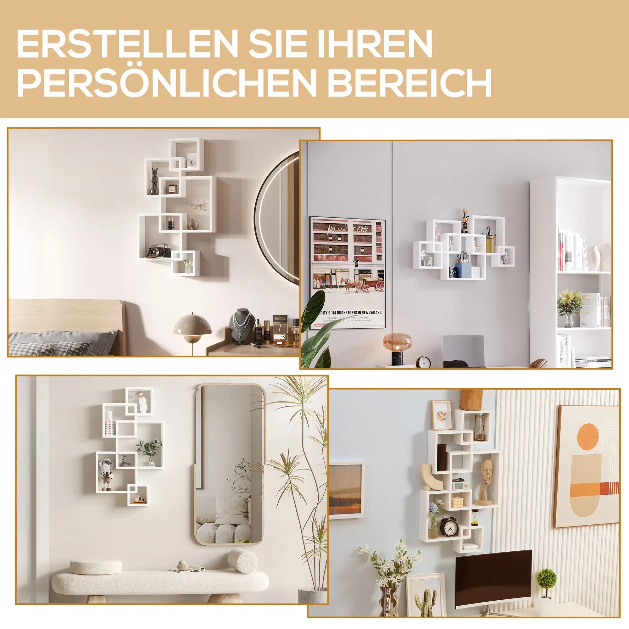 HOMCOM Wandregal, Schweberegal, 5 Regale, Massivholz, Weiß