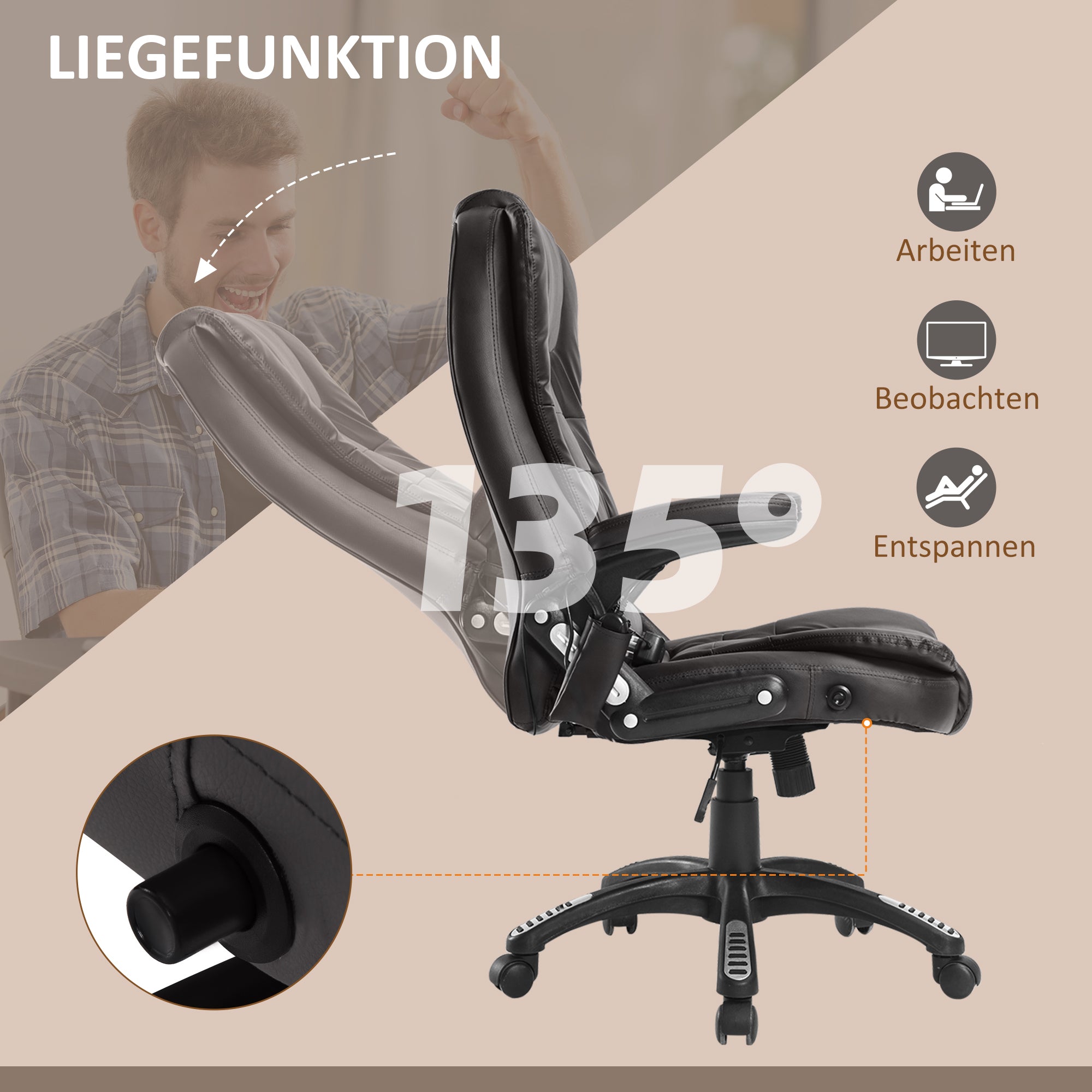 HOMCOM Massagesessel Bürosessel Bürostuhl Chefsessel Gamingsessel 6 Punkt Vibrations Massage mit Wärmefunktion Kunstleder Ledersessel drehbar (Braun)