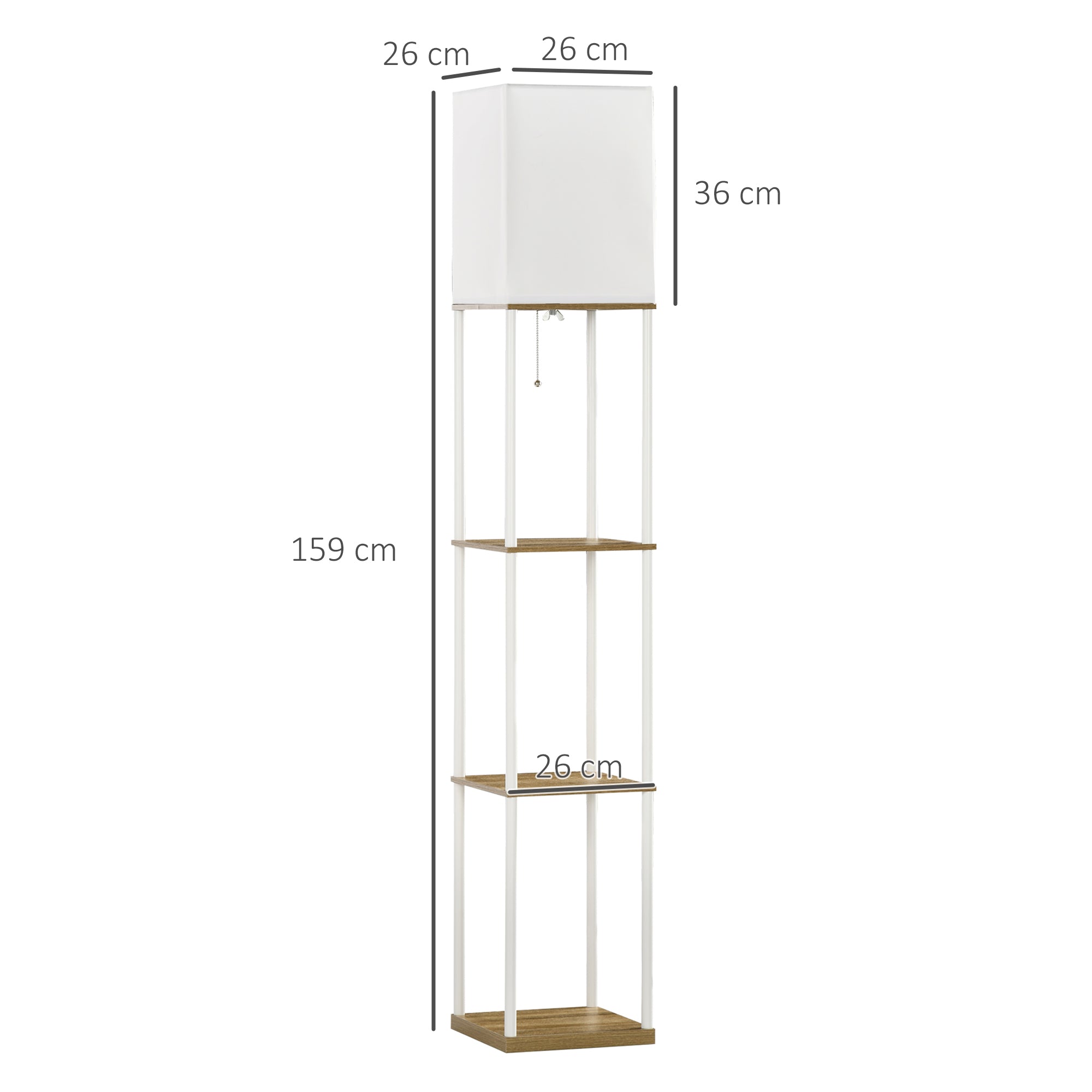 HOMCOM Standleuchte, Deckenfluter, mit Regalen, Metallrahmen, Stoffschirm, 26x26x159cm, Weiß/Braun