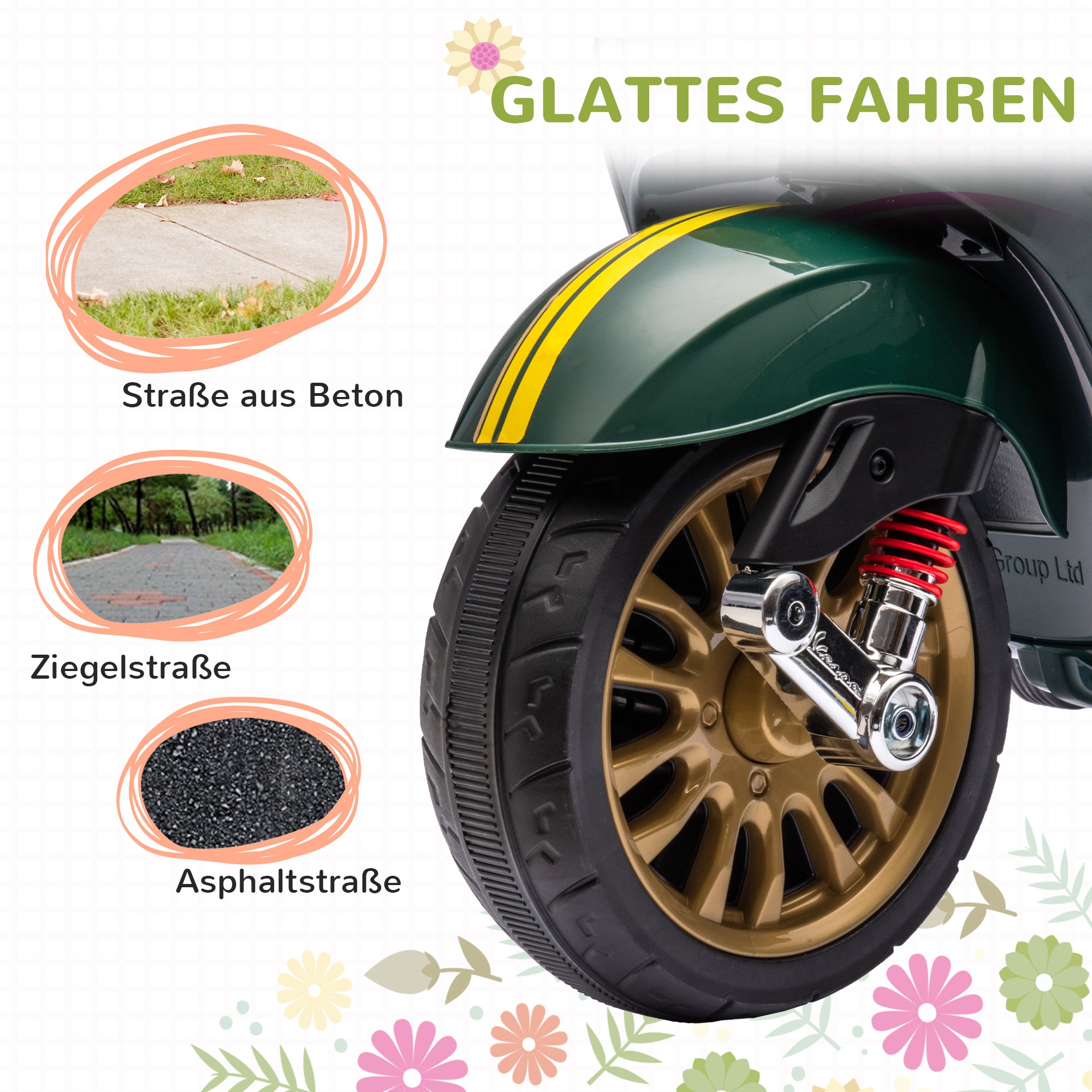 AIYAPLAY Elektro-Kindermotorrad, Vespa, 3 km/h, 3-6 Jahre, Musik, Licht & Radio, Dunkelgrün