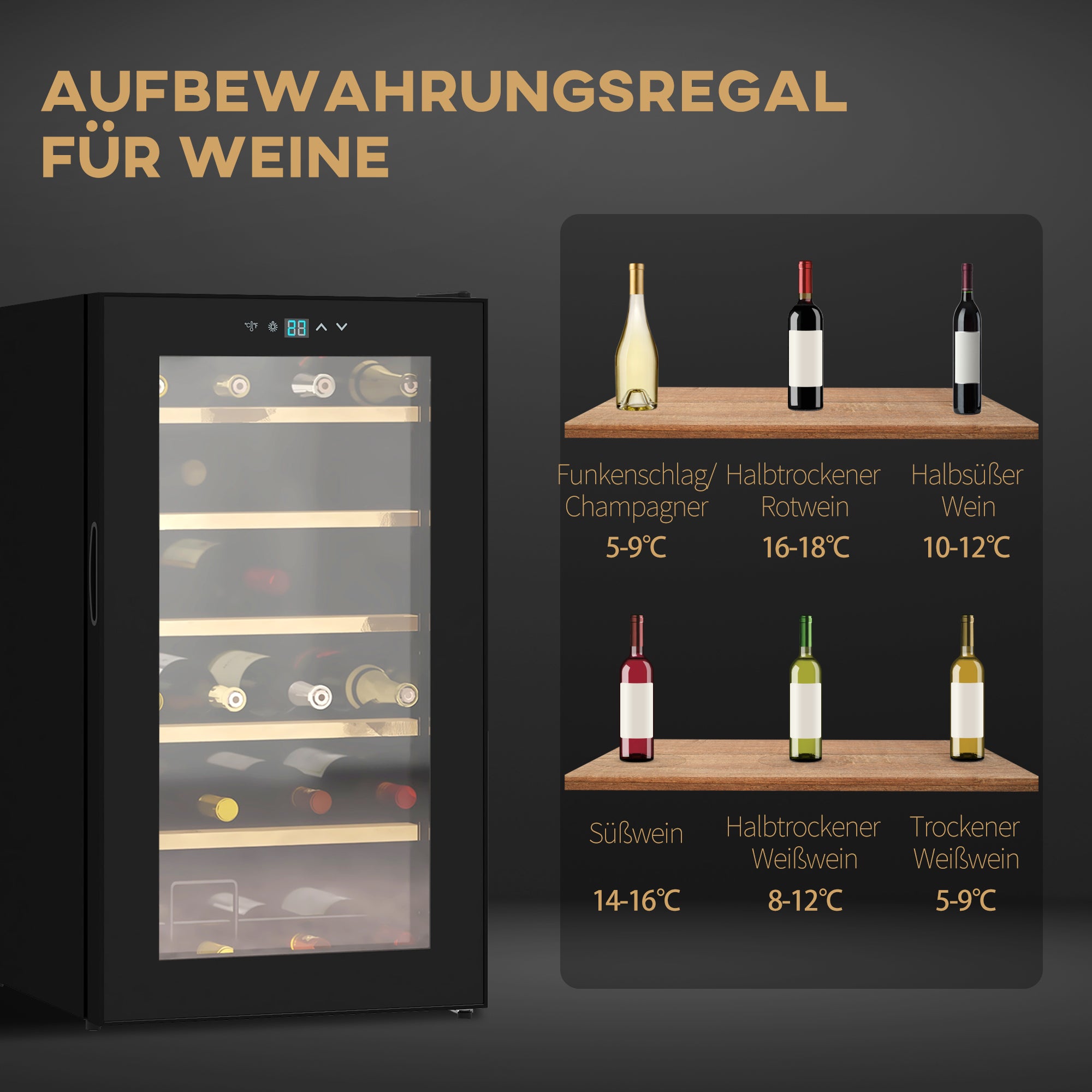 HOMCOM Weinkühlschrank klein Wohnzimmer für 24 Flaschen, einstellbare Temperatur 5 bis 20° C, LED-Beleuchtung, schwarz, 43 x 45 x 75 cm