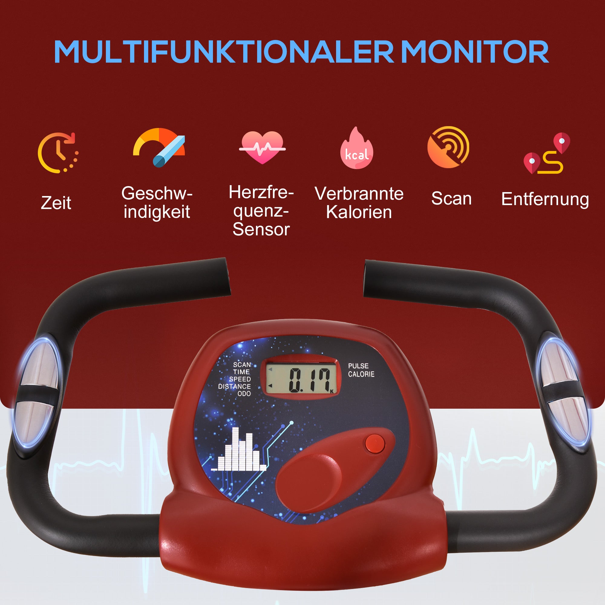 HOMCOM Heimtrainer mit Magnetwiderstand, 8-Stufen, höhenverstellbar, LCD-Display, Rot + Weiß