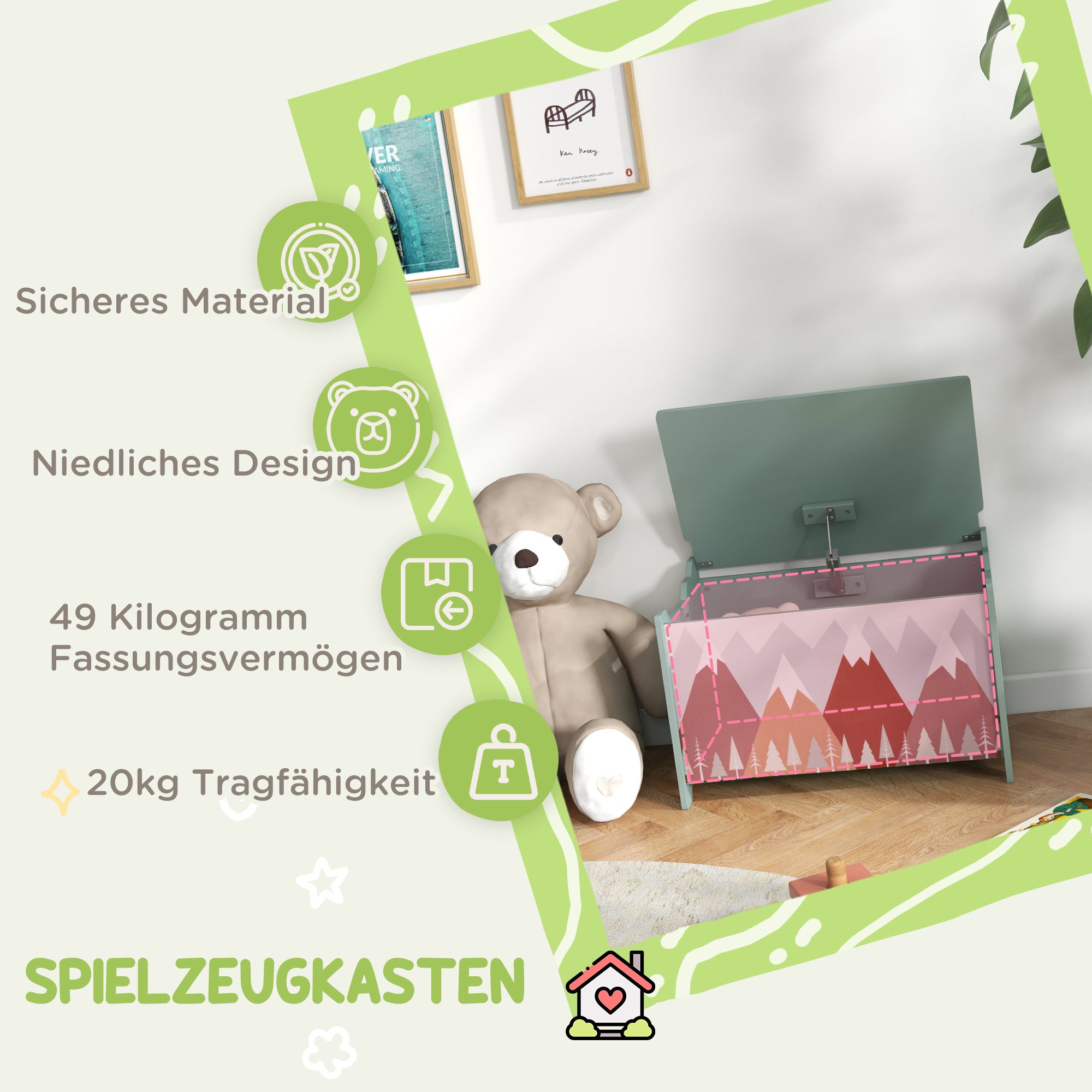 ZONEKIZ Aufbewahrungskiste, Spielzeugtruhe, Klappdeckel, niedliches Motiv, Grün