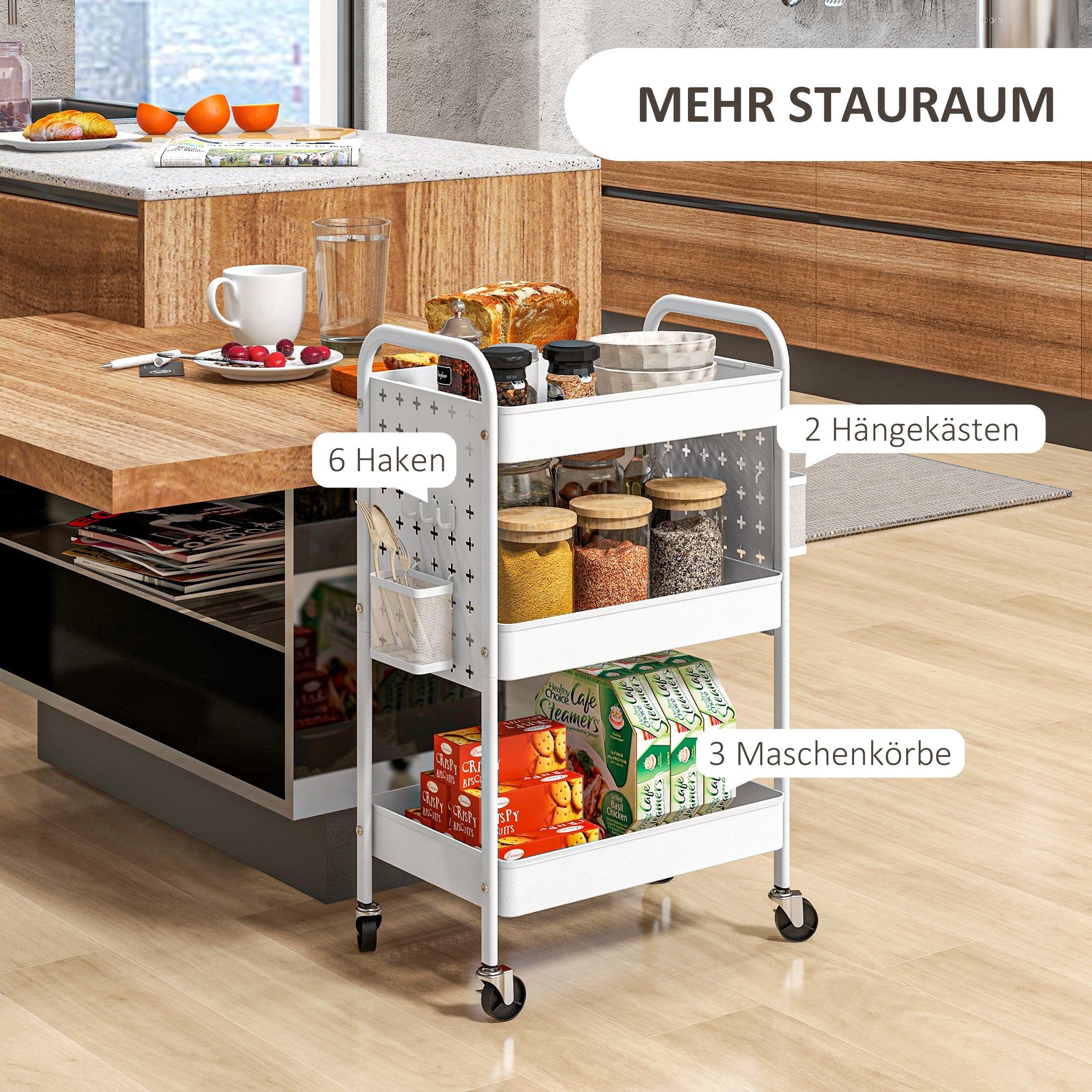 HOMCOM Mehrzweckwagen Rollwagen Küchenwagen, 3 Regale, 4 Rollen, 53,5 cm x 30,5 cm x 75 cm, Weiß