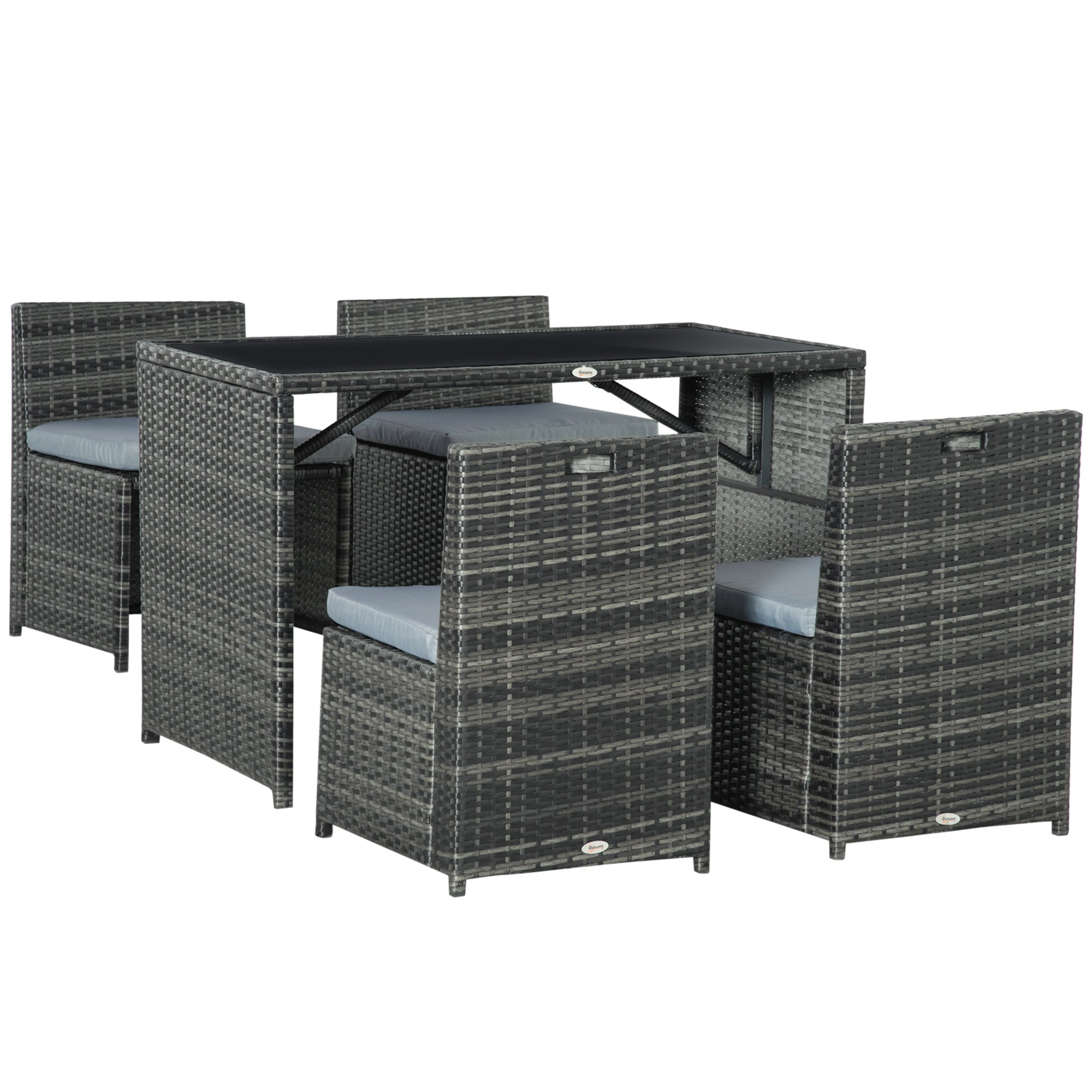Outsunny Gartenmöbelset für 4 Personen, 4 Stühle & 1 Tisch, inkl. Sitzauflagen, Polyrattan, rostfreier Stahlrahmen, Grau
