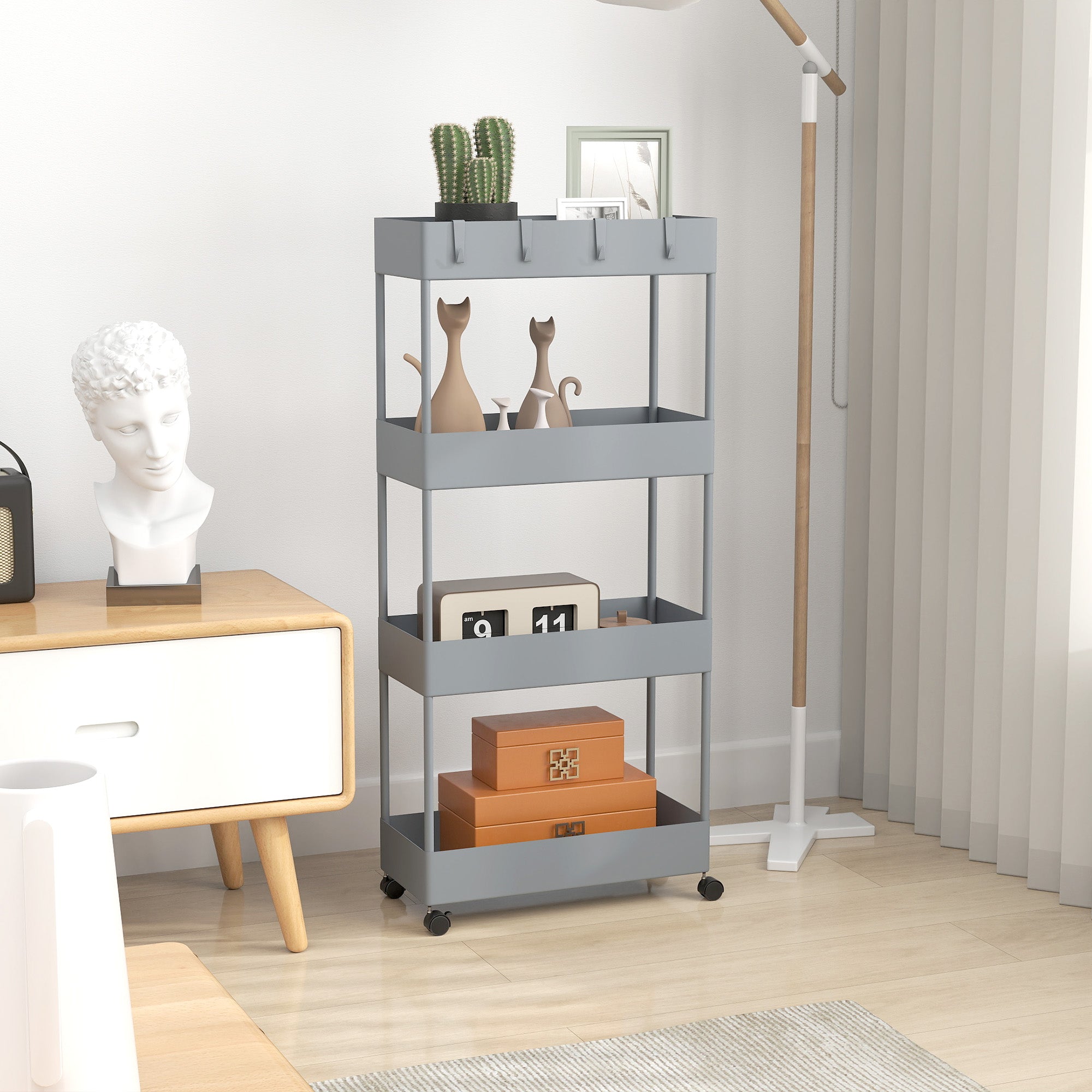 HOMCOM Küchenwagen mit 4 Regalen, 4 flexiblen Haken, 4 Rollen, 40 cm x 19 cm x 90 cm, Nischenwagen, Grau