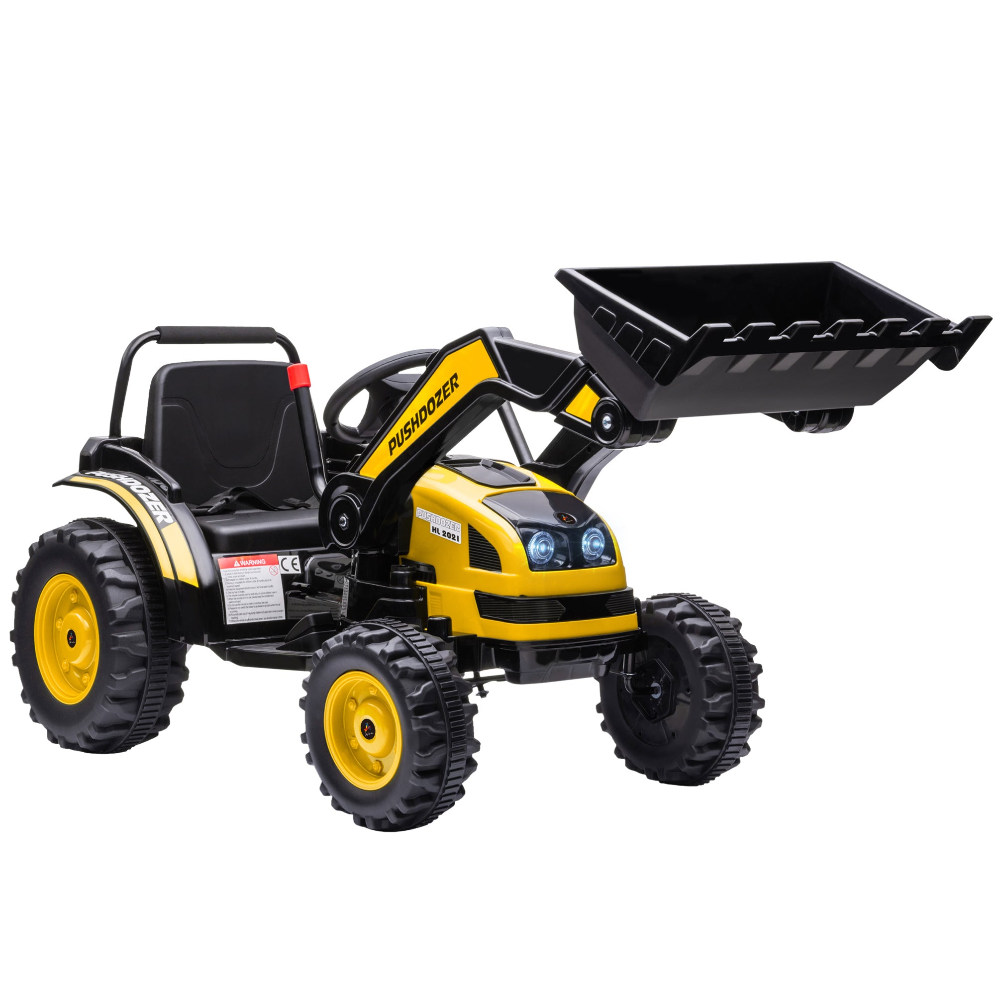 HOMCOM Kinder Elektrobagger Sitzbagger für Kinder Aufsitzbagger Geländewagen traktor elektrisch zum Fahren mit Musik Schaufel Armen 35 Jahre PP-Kunststoff Stahl Gelb 132 x 62 x 65 cm