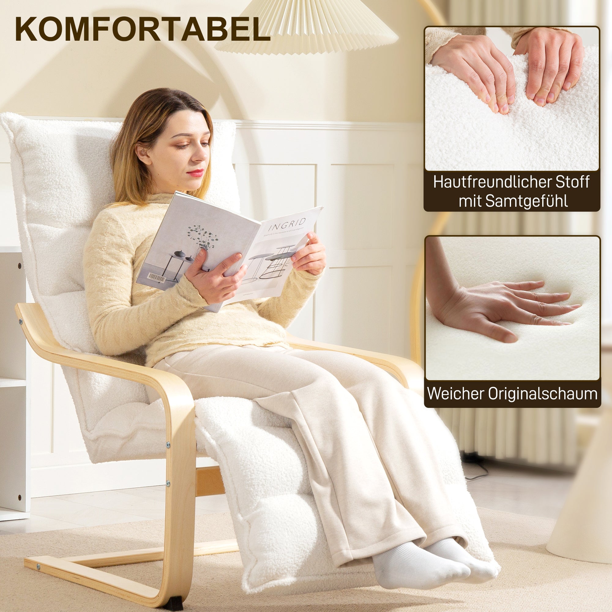 HOMCOM Lounge-Sessel aus Birkenholz, Polstersessel, verstellbare Fußstütze, Weiß