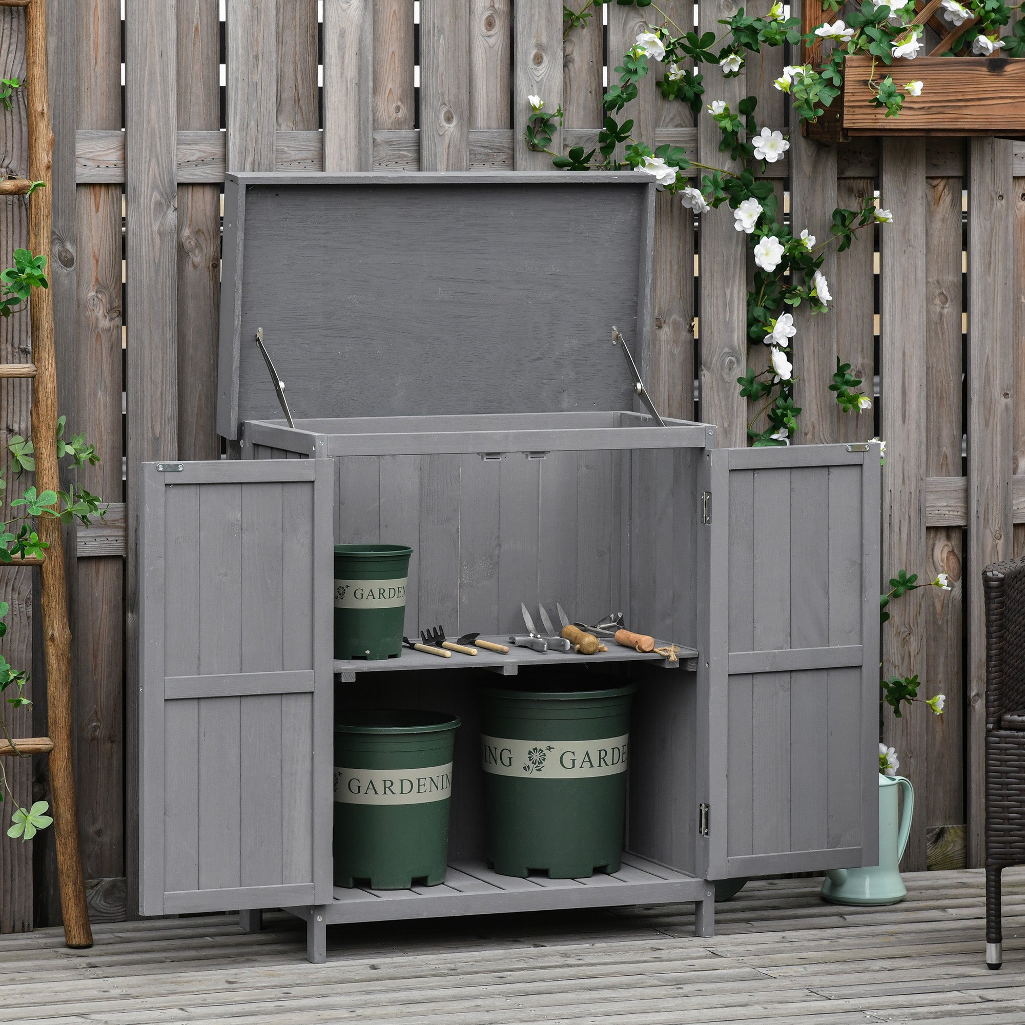 Outsunny Geräteschrank, Doppeltür, Klappdeckel, 2 Regalfächer, wetterfest, Naturholz, grau, 74 x 43 x 88cm
