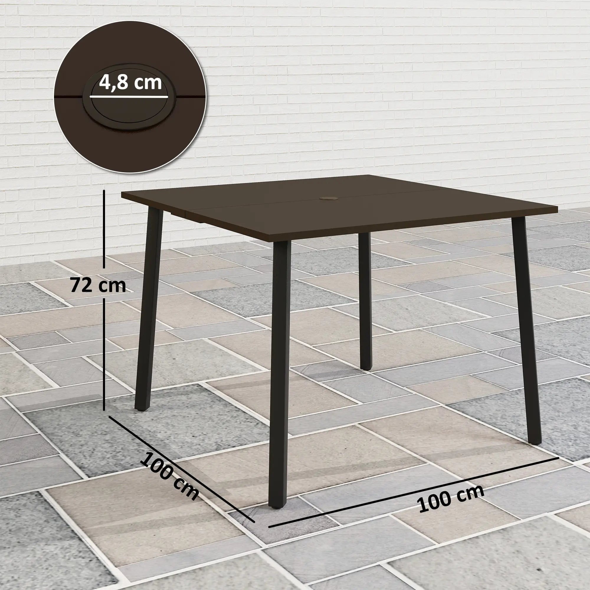 Gartentisch 100x100 cm für 4 Personen, Braun, mit Schirmloch