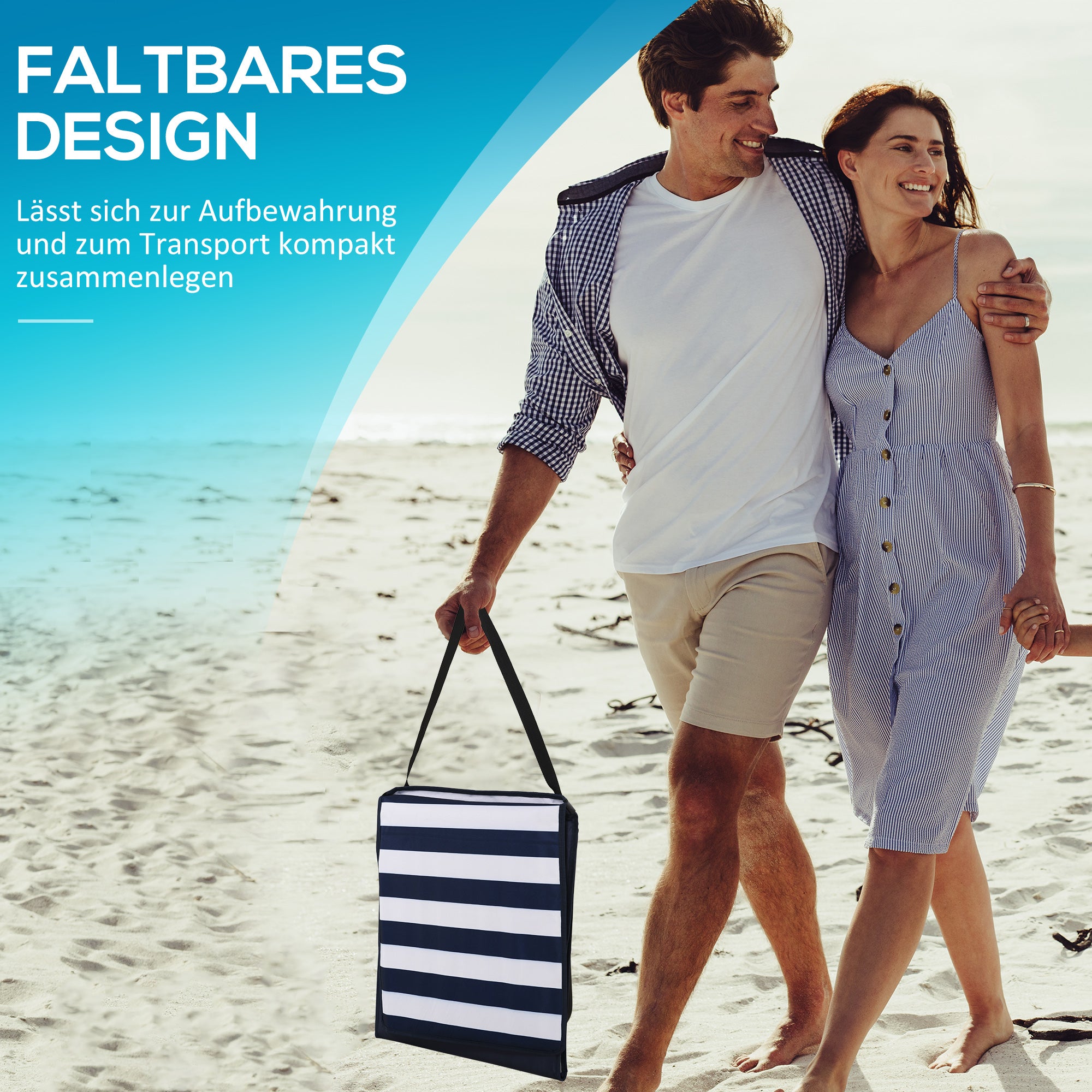 Outsunny Strandliege, klappbar, verstellbare Rücklehne, Seitentasche, weiche Polsterung, Stahlrahmen, blau+weiß, 142x51x40cm
