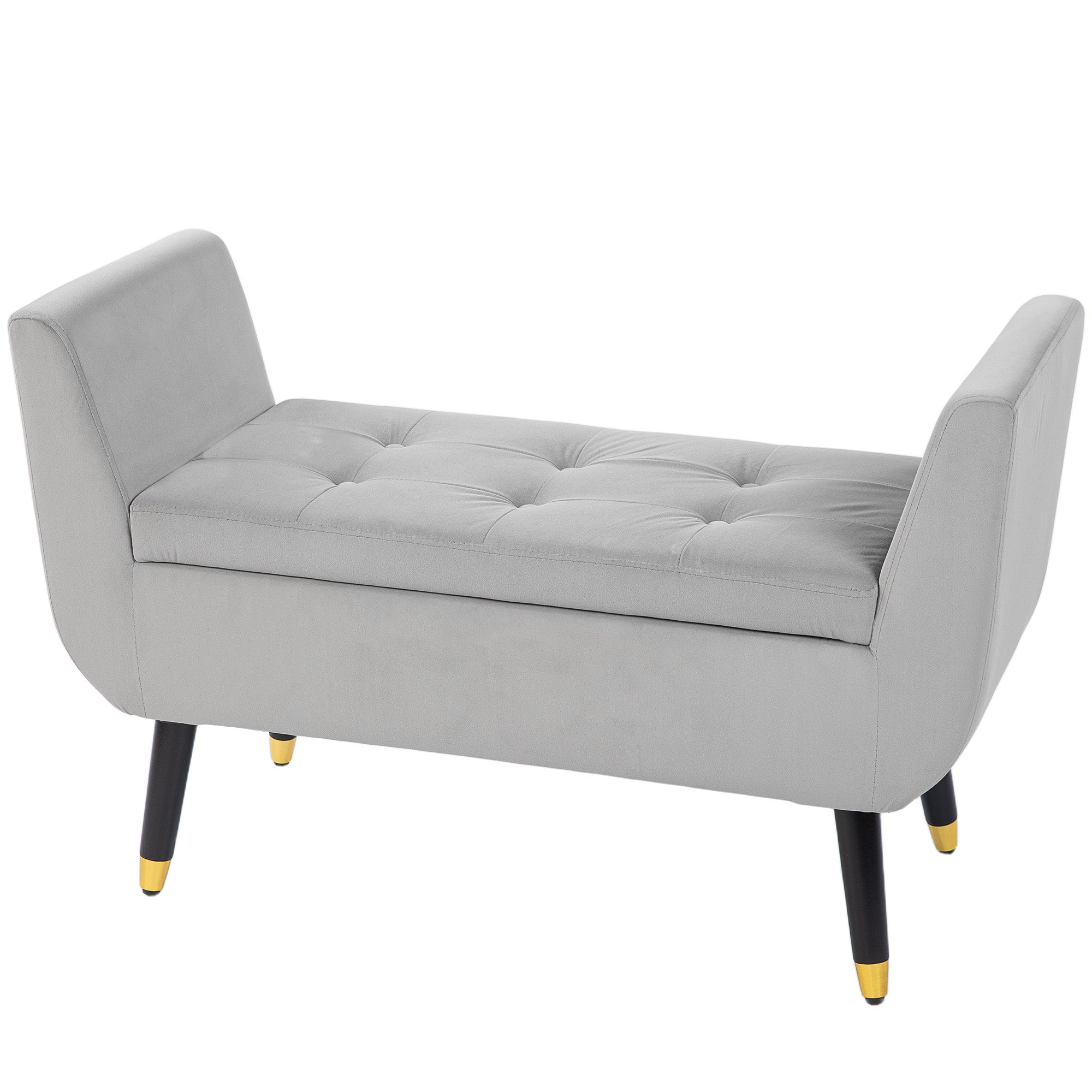 HOMCOM Sitzbank mit Stauraum und Armlehnen, Truhenbank, samtartiges Polyester, Kautschukholz, Hellgrau, 107 x 42 x 65 cm