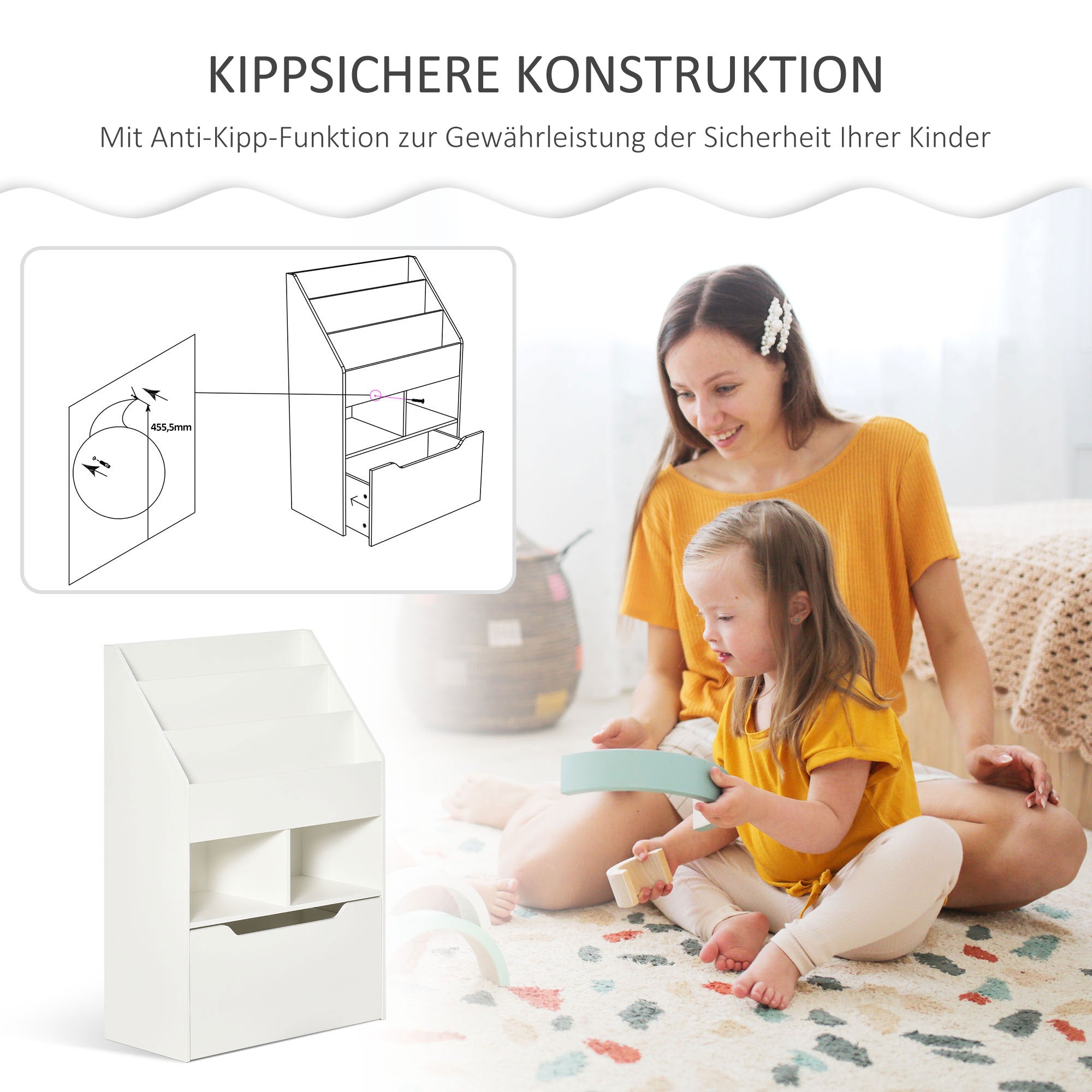 HOMCOM Kinderregal mit Schublade, Bücherregal mit Fächern, 60 x 29,9 x 90 cm, Weiß