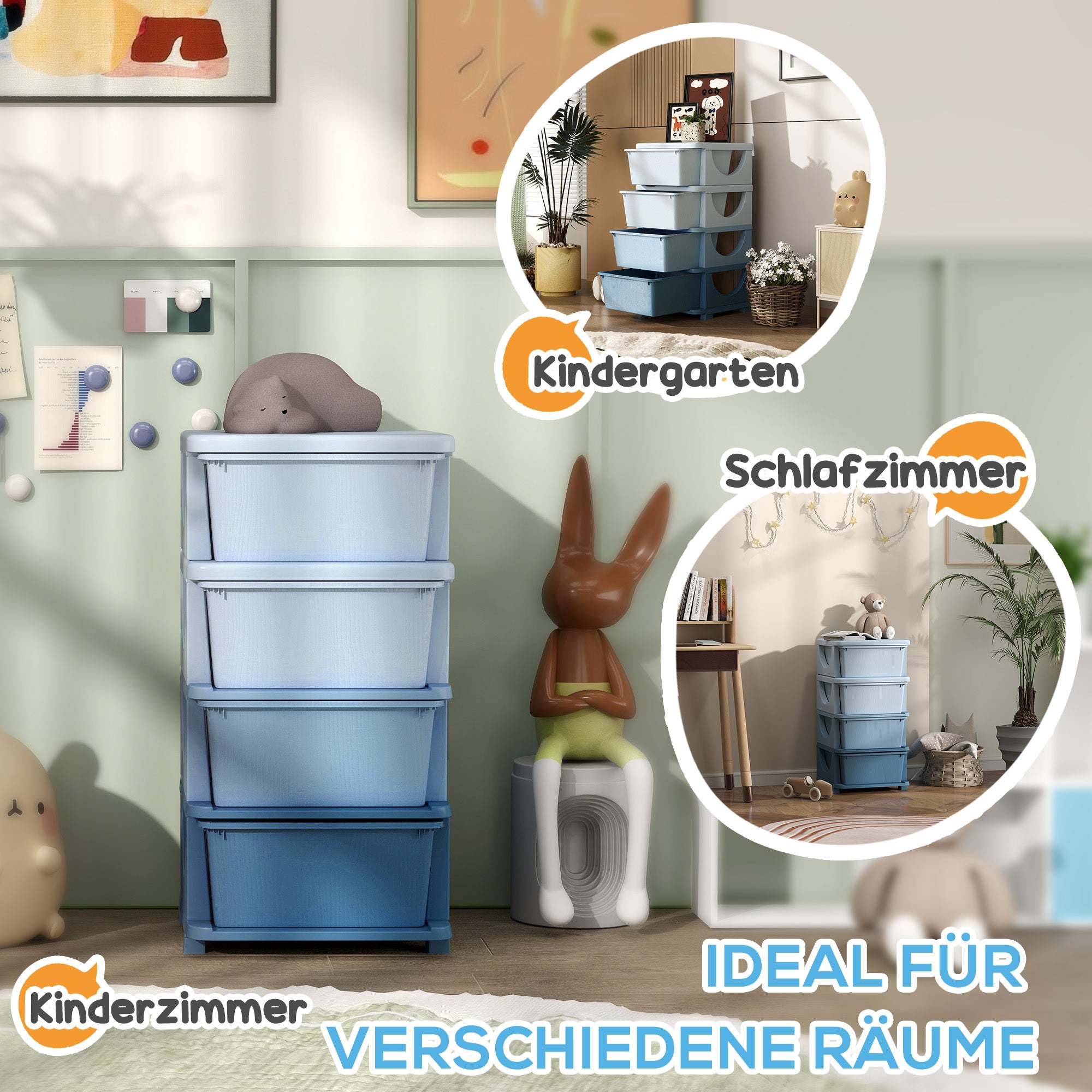 HOMCOM Aufbewahrungsboxen für Kinder, 4 Schubladen, abgerundete Kanten, erhöhtes Design, Kunststoff, Blau