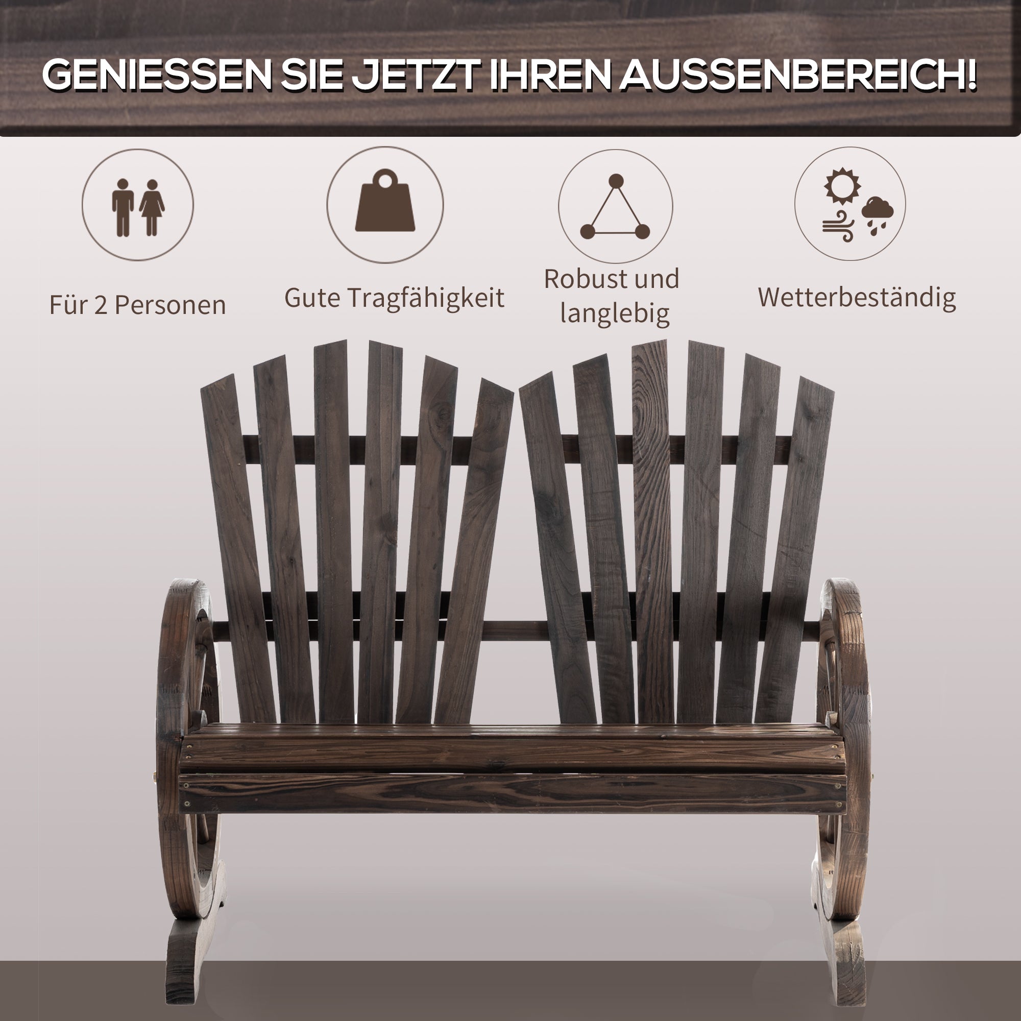 Outsunny 2-Sitzer Gartenbank Massivholz, Sitzbank mit Armlehne, Gartenmöbel 250kg belastbar, Rustikale Bank für Garten, Terrasse und andere Außenbereiche, 108 x 66 x 95 cm, Dunkelbraun